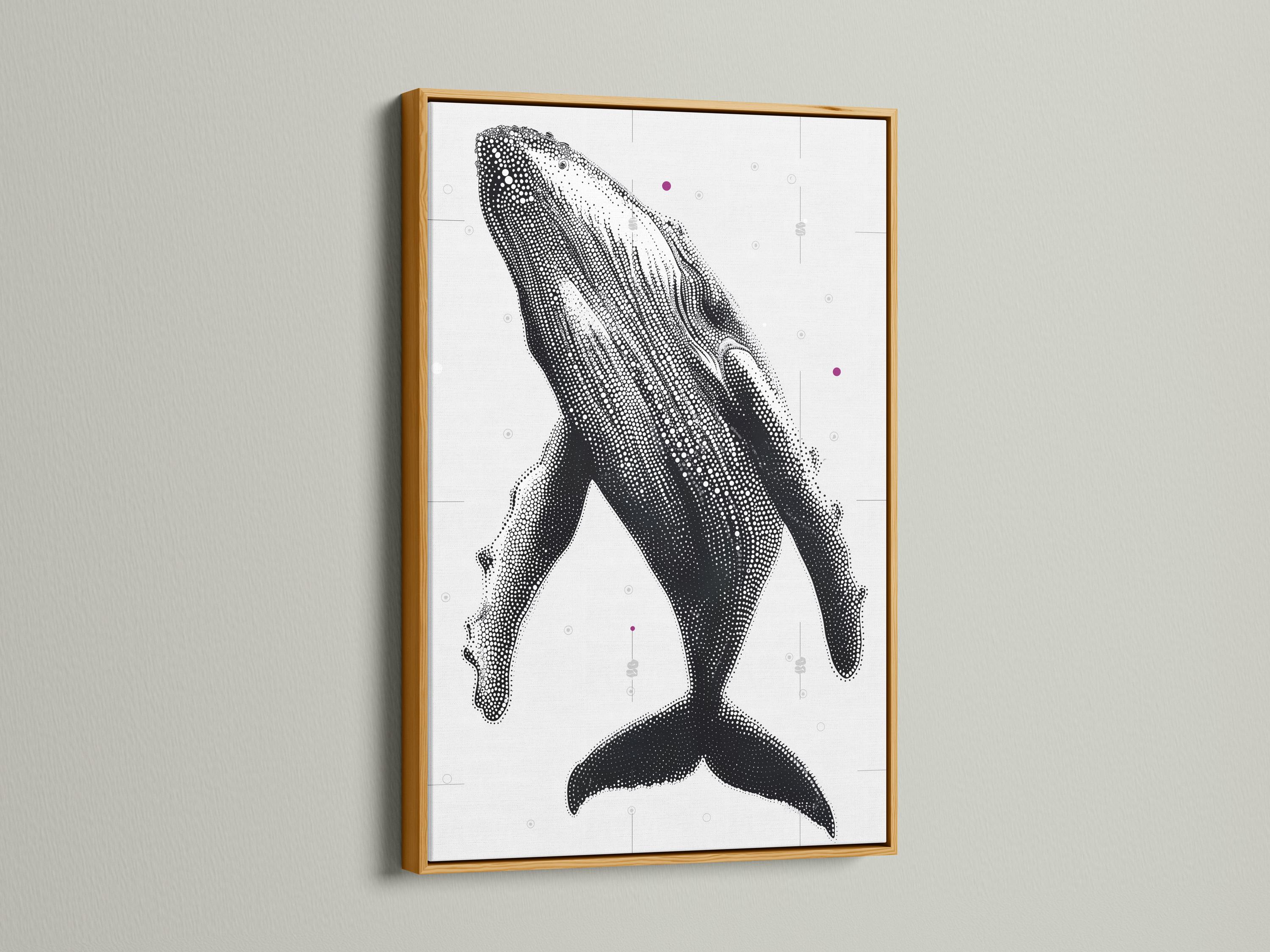 Humpback whale wall art mockup with dotted whale illustration in black and white