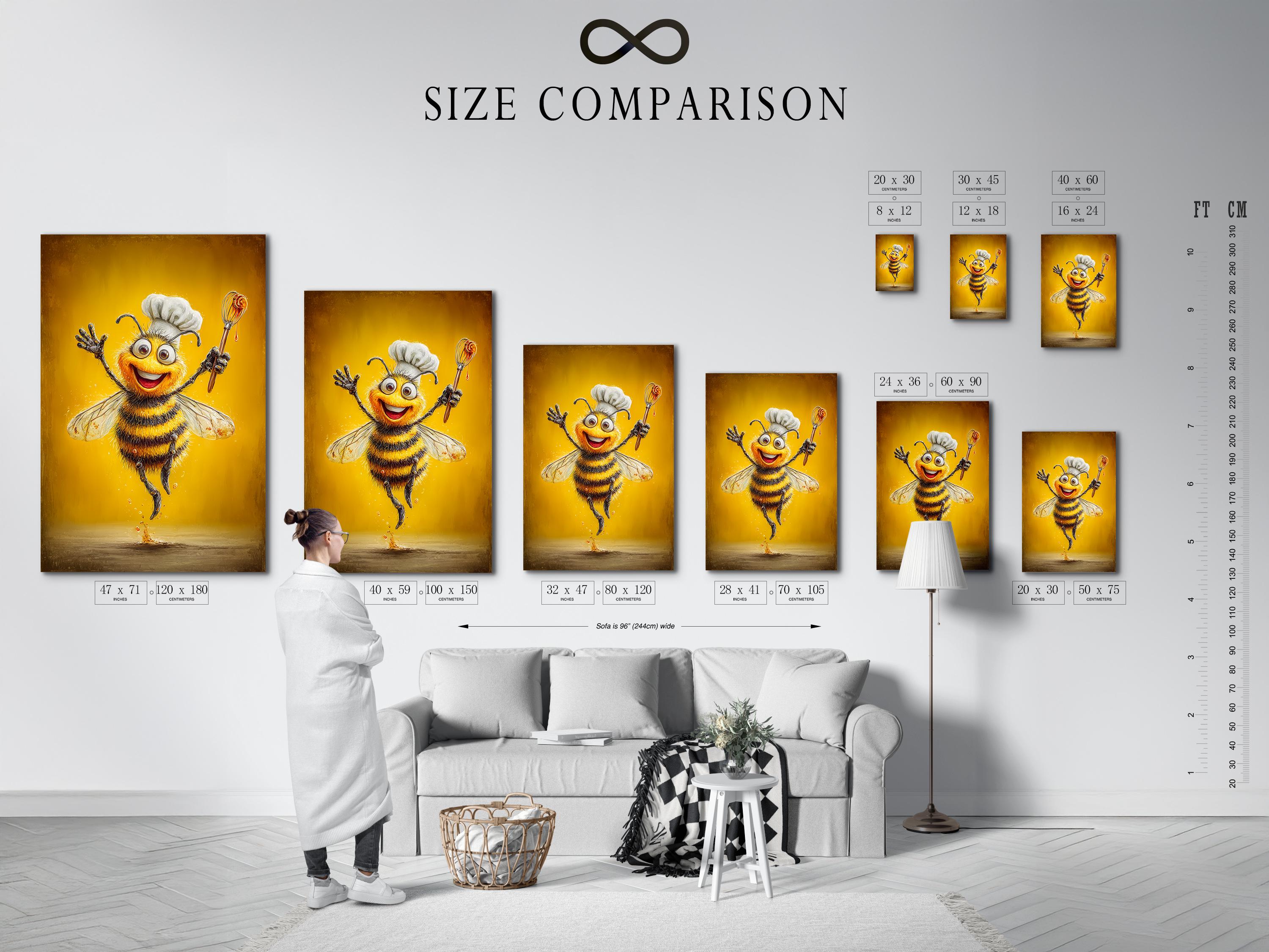 Smiling cartoon bee chef holding a whisk on a warm golden background detail view