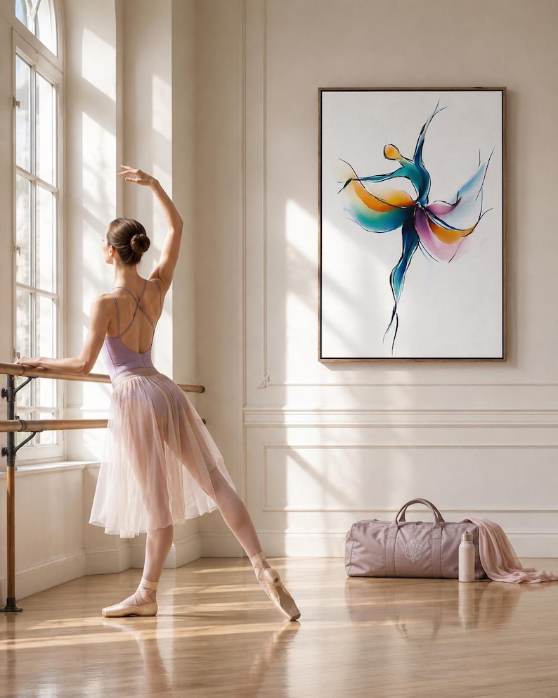 Abstract dancer figure in teal, blue and purple with warm gold accents on an off-white background