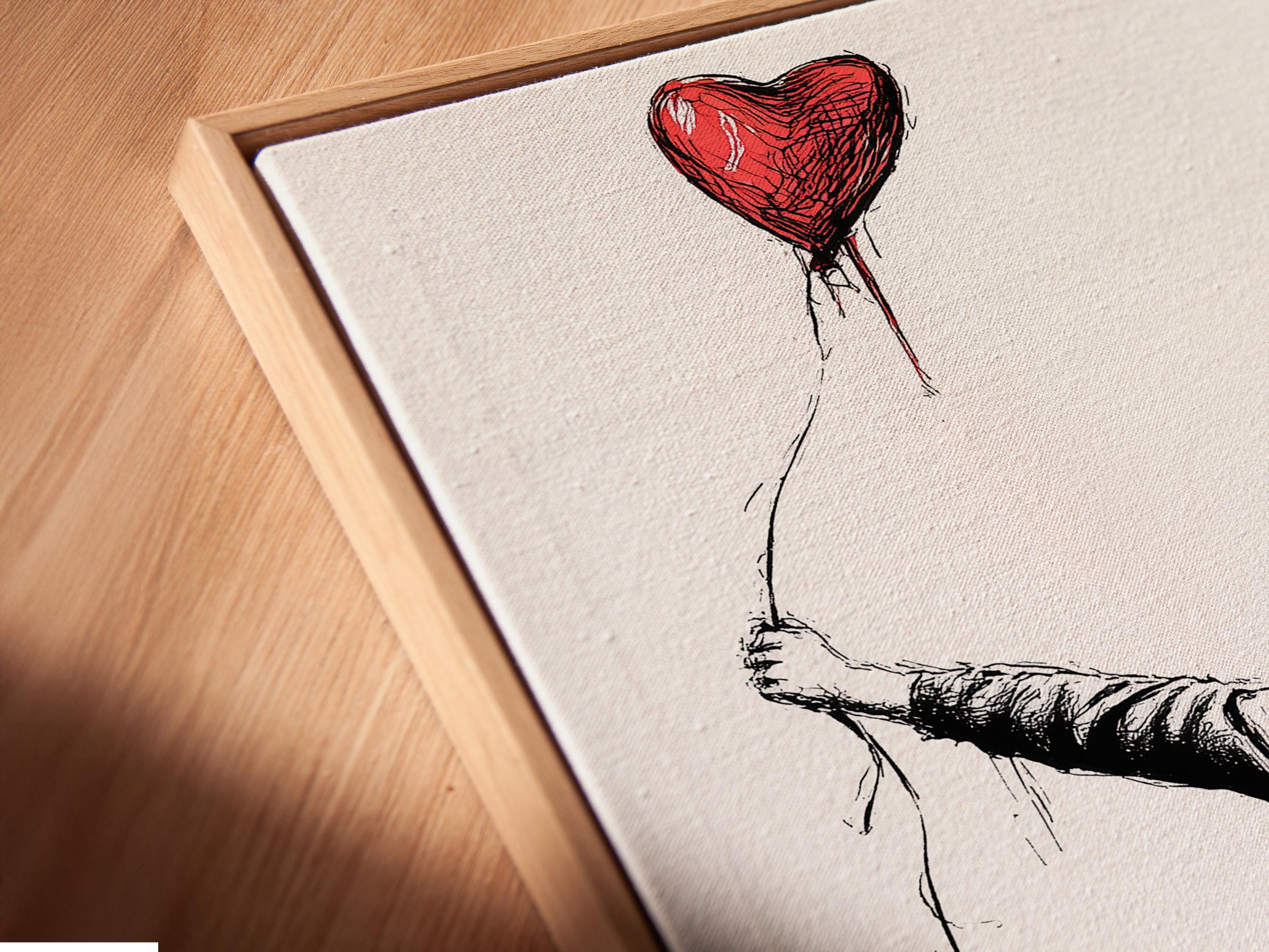 Framed wall art mockup showing a boy holding a red heart-shaped balloon