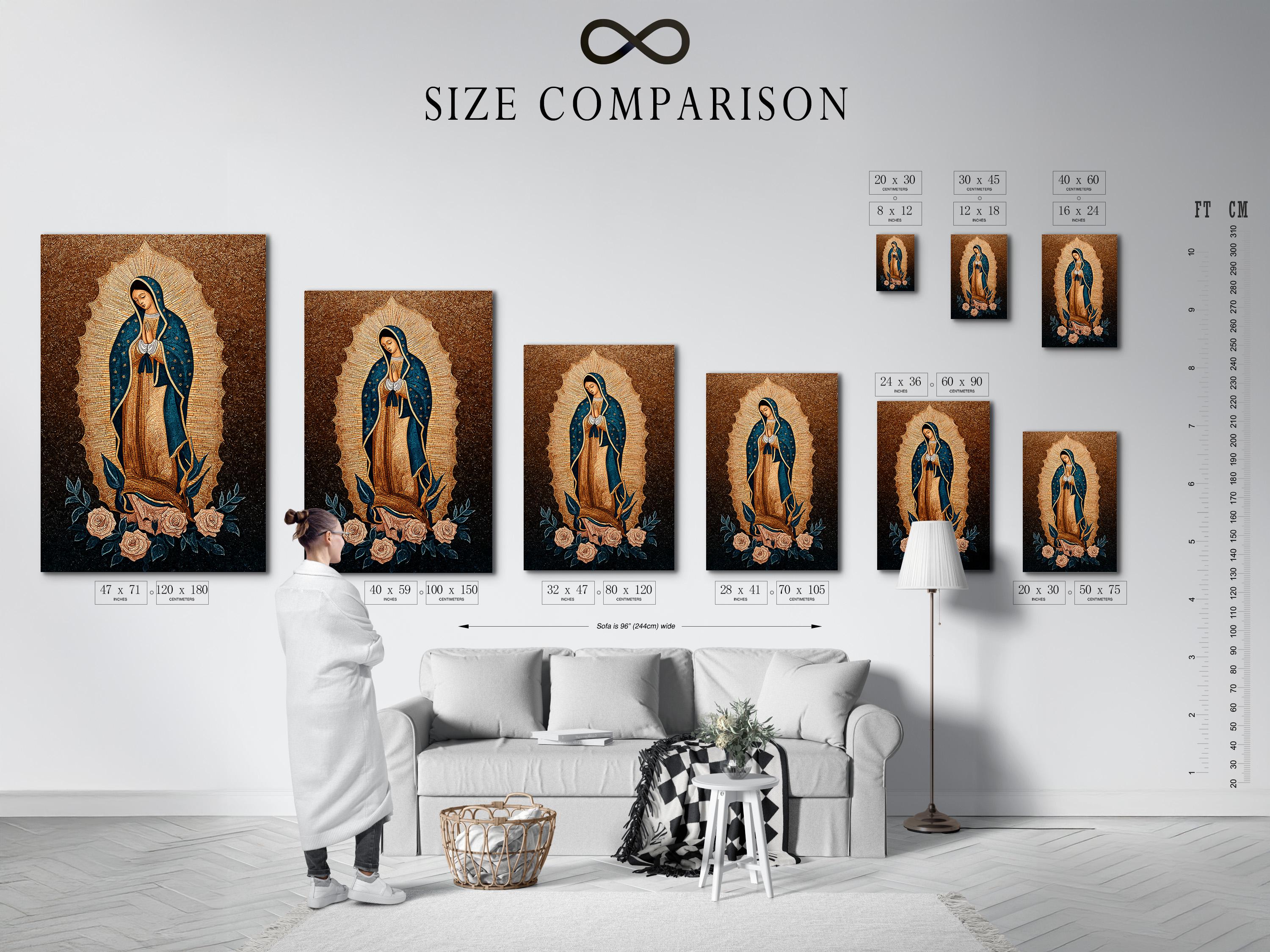 Woman praying beside a framed Virgin Mary portrait on a wall above a table with candles and flowers