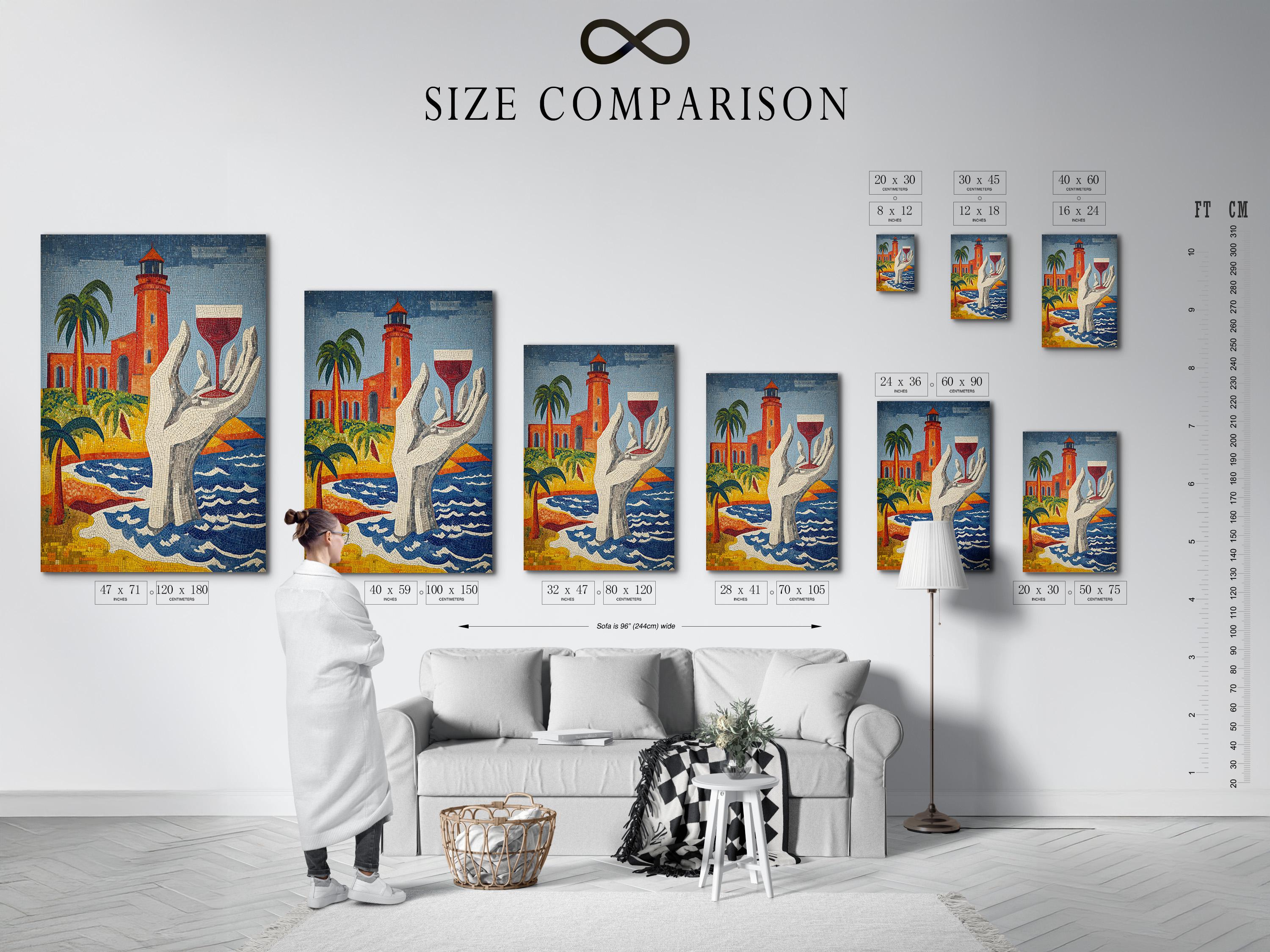 Mosaic lighthouse artwork with palm trees, a lifebuoy and blue wavy sea patterns detail view