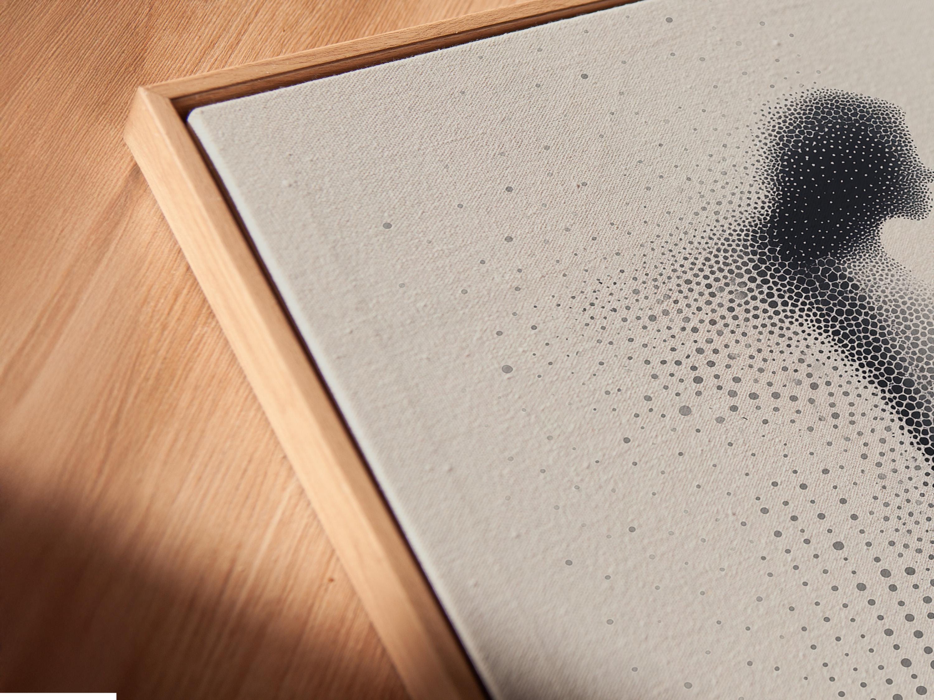 Grey-scale dotted silhouette of a standing human figure on a light background detail view