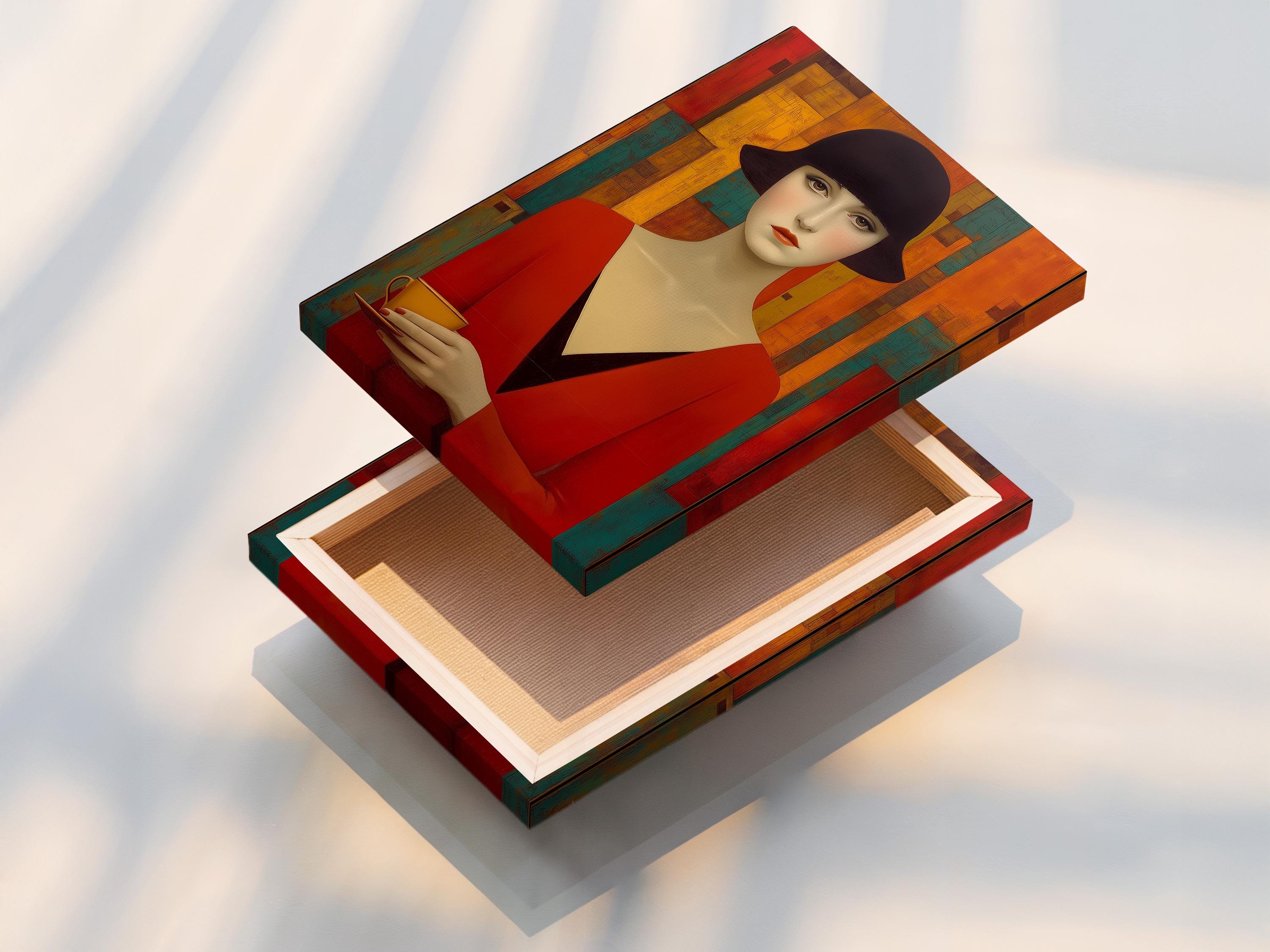 Stylised woman portrait with dark hat, red dress and geometric Art Deco blocks in red, gold and teal detail view