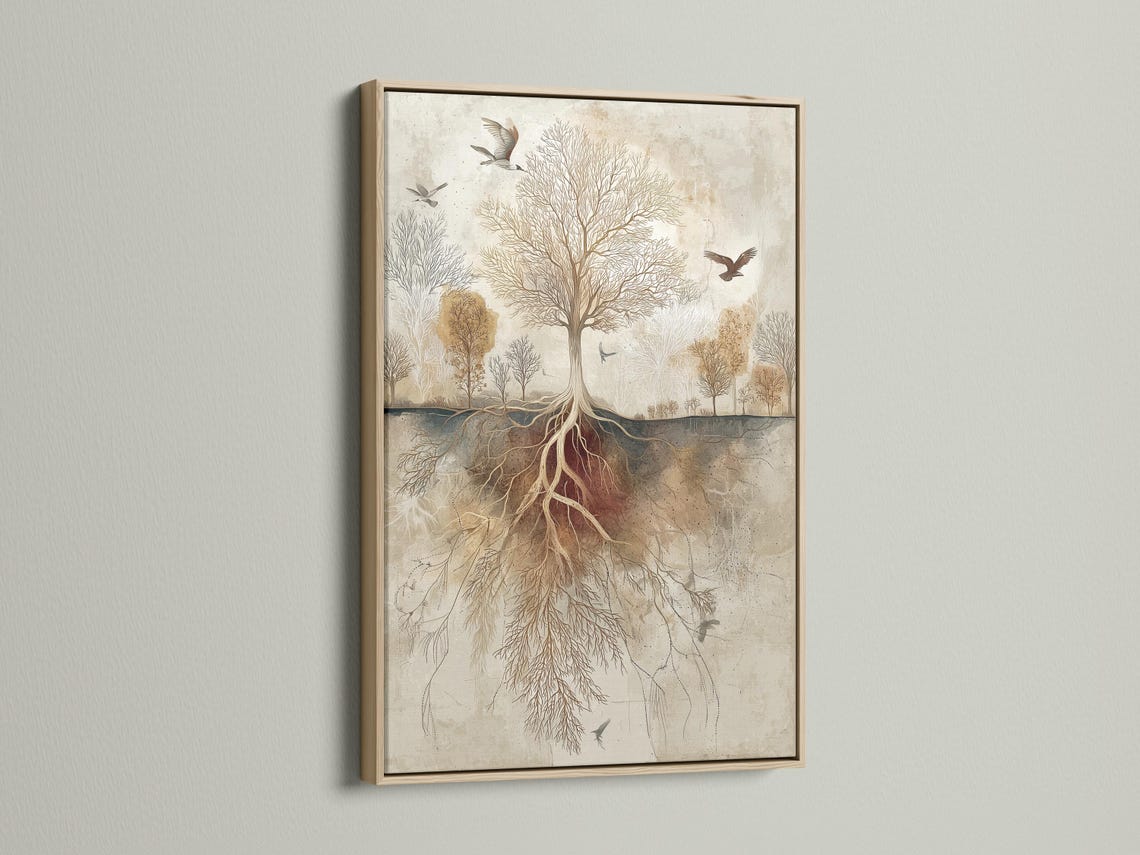Beige tree-of-life botanical illustration with exposed roots and birds flying detail view