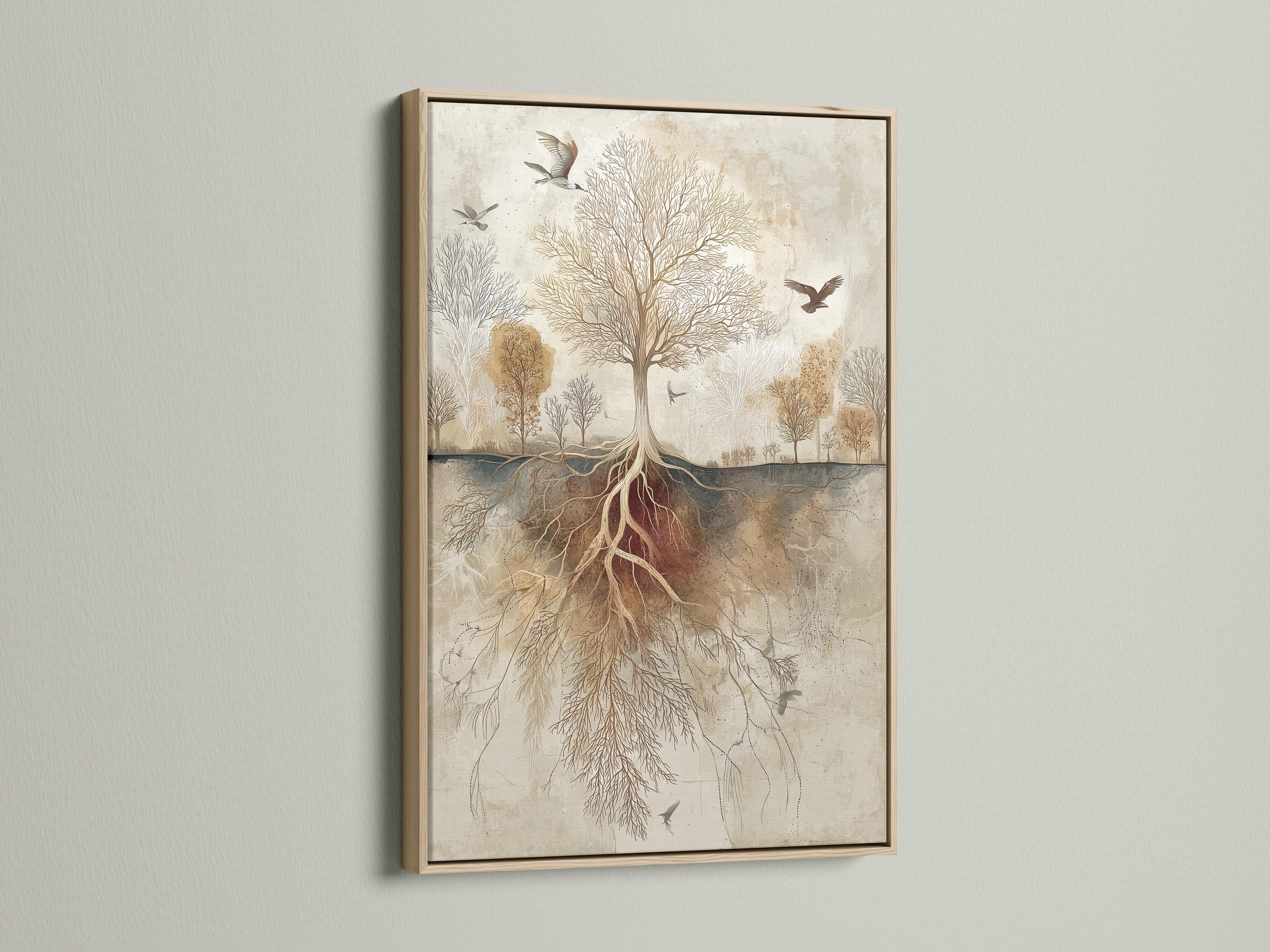 Beige tree-of-life botanical illustration with exposed roots and birds flying detail view