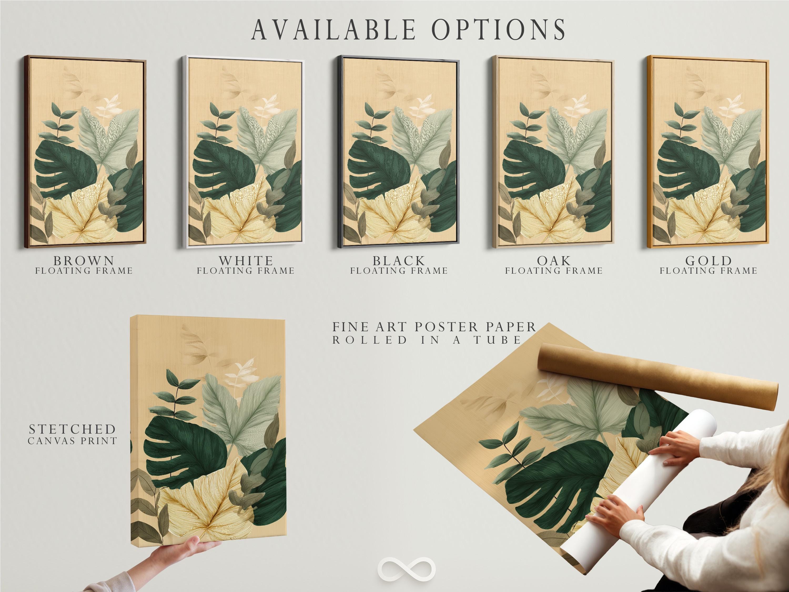 Framed botanical artwork featuring tropical leaves in green and teal on a beige background