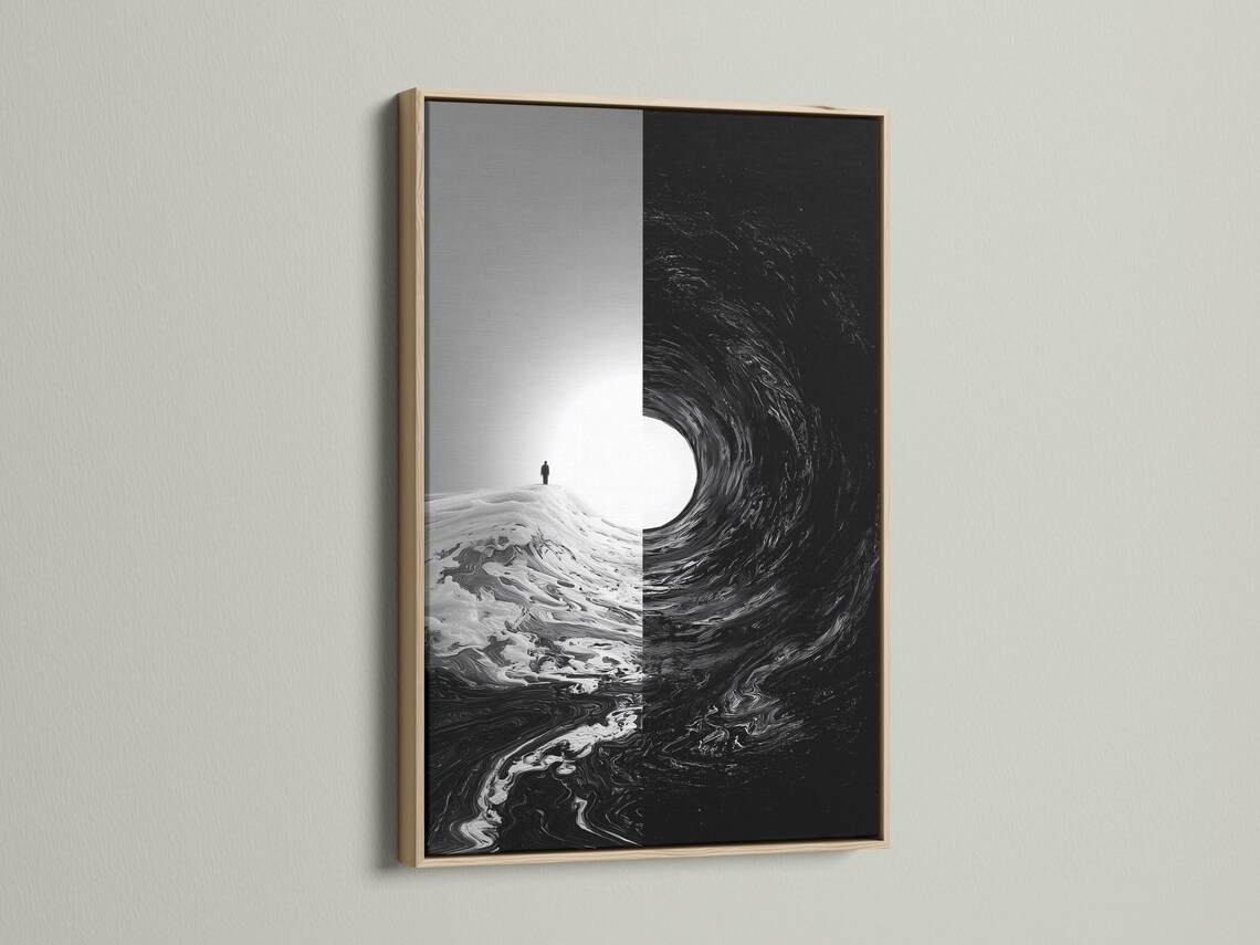 Room mockup showing monochrome framed artwork with a small standing figure and swirling black area