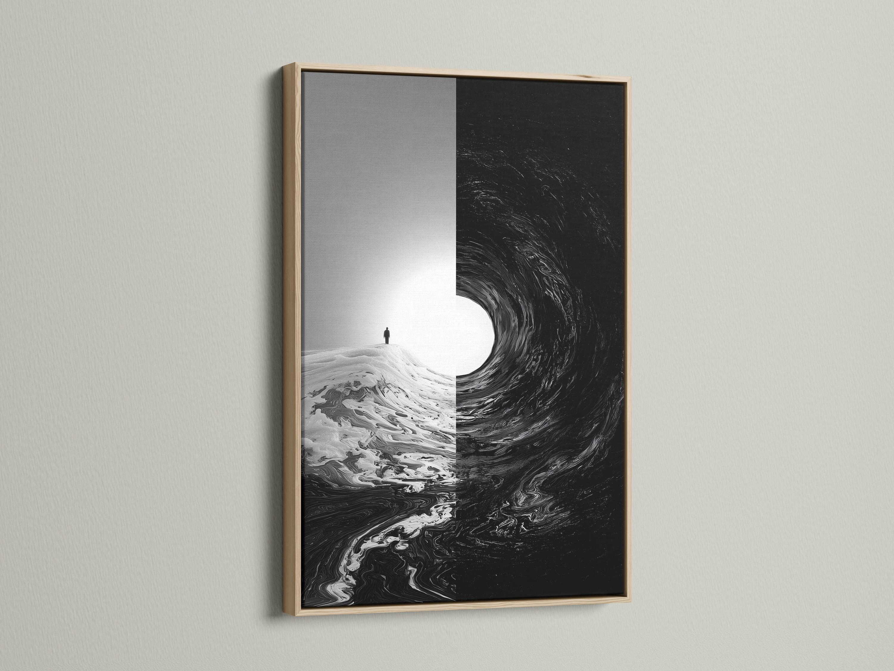 Room mockup showing monochrome framed artwork with a small standing figure and swirling black area