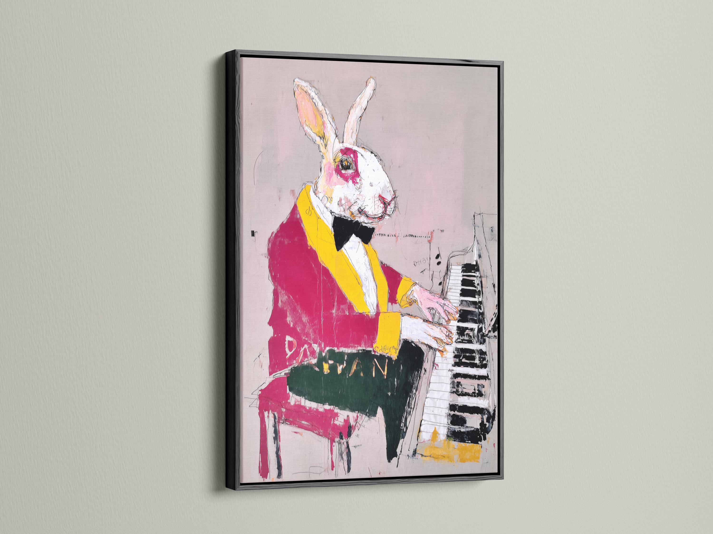 Rabbit playing piano with magenta and yellow jacket on a blush pink background detail view