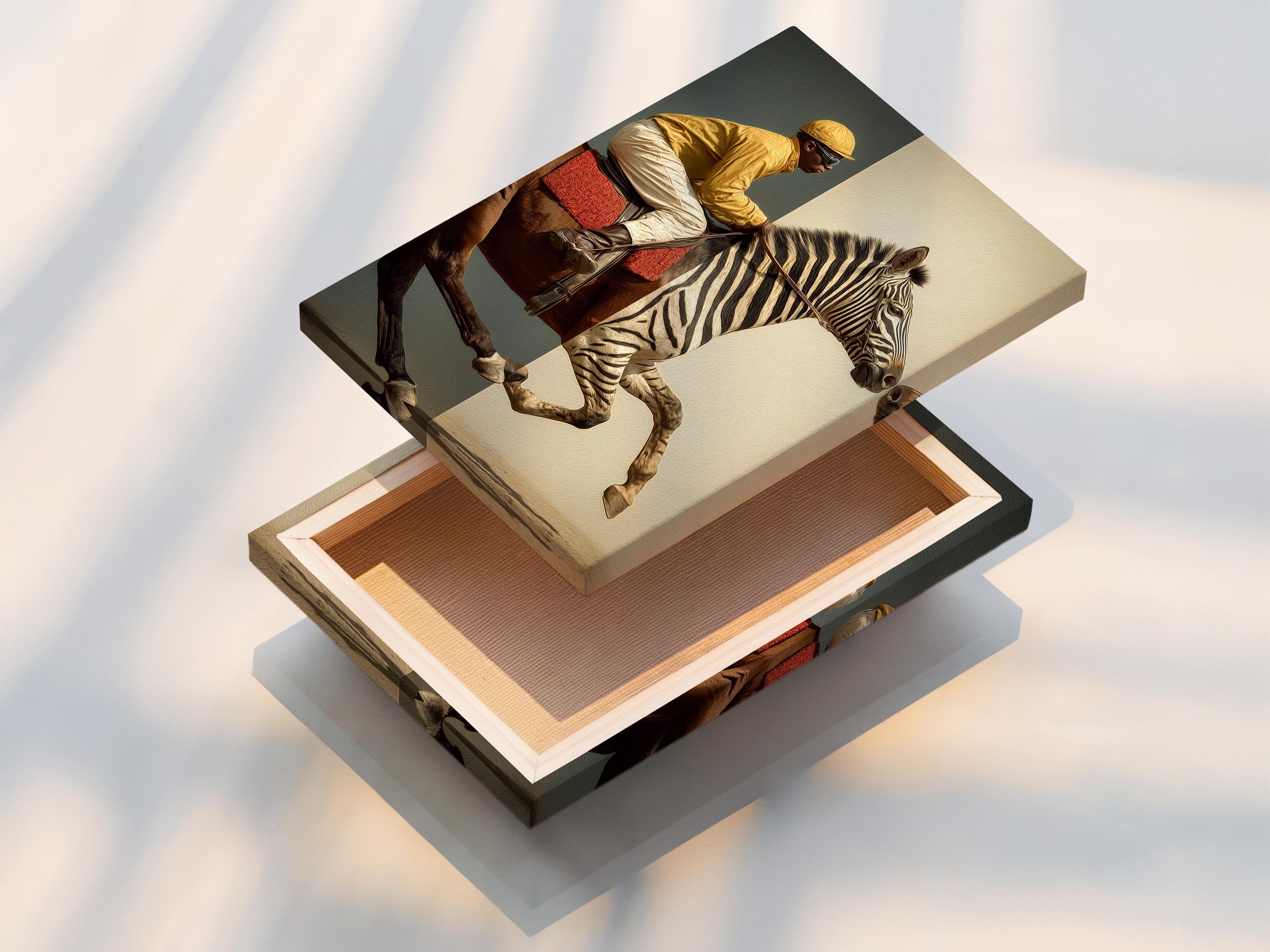 Room mockup showing framed zebra jockey artwork on a wall with side panel images
