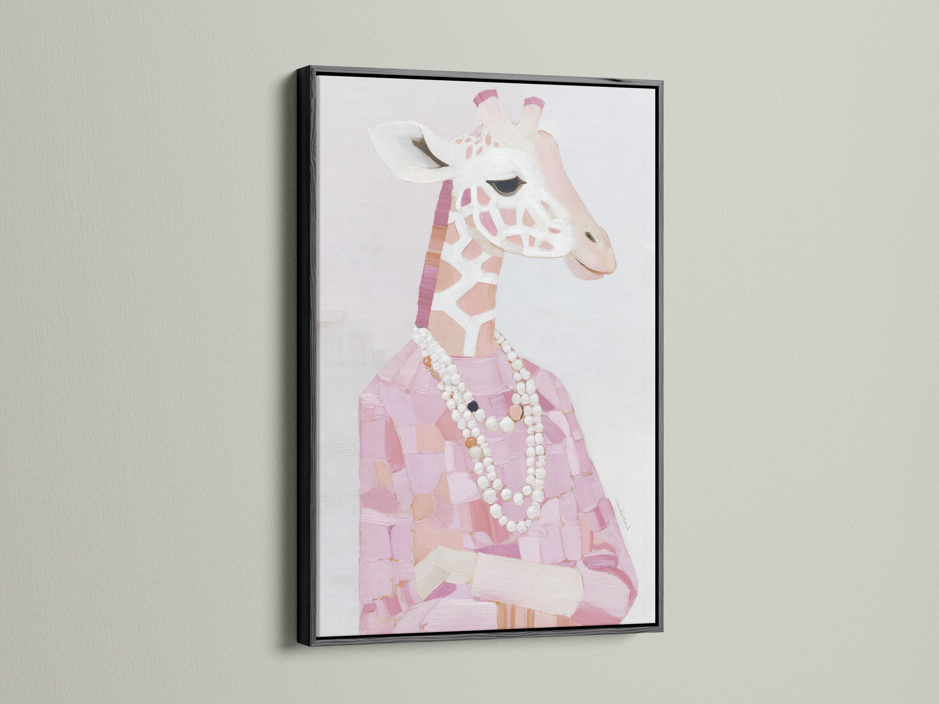 A stylised pink giraffe portrait is shown in a painterly, patchwork-like design with a pearl-like necklace, set against a pale background detail view