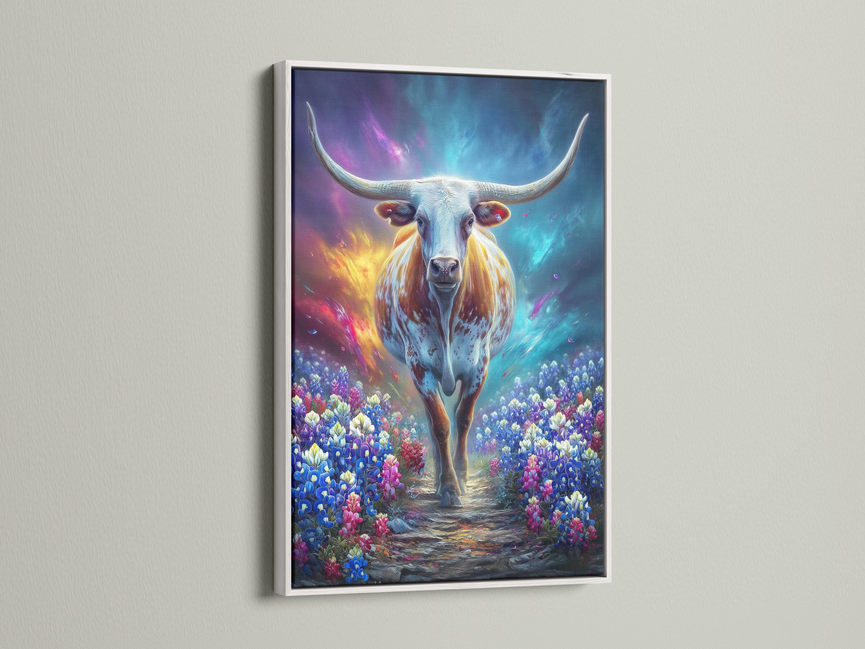 Longhorn bull standing in a colourful wildflower field under a glowing blue-purple sky detail view
