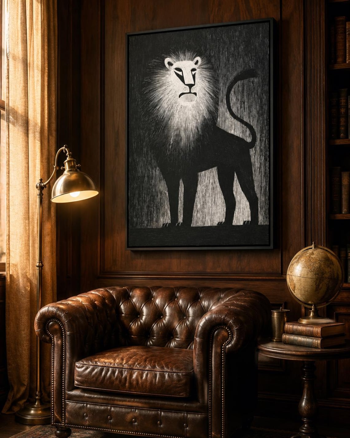 A person standing beside a framed black and white lion artwork in a modern interior