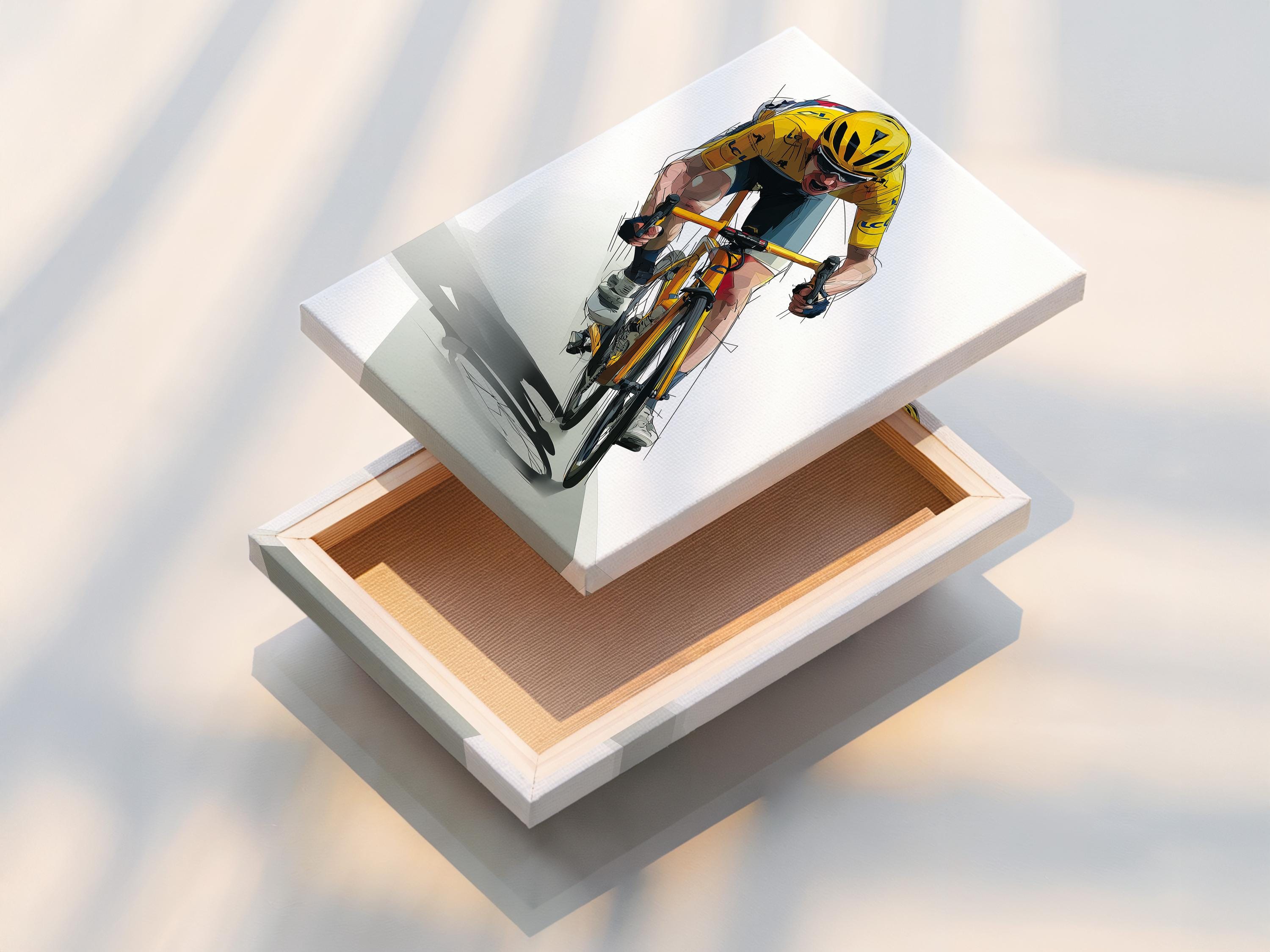 Stylised yellow cyclist riding a bicycle diagonally with motion lines detail view