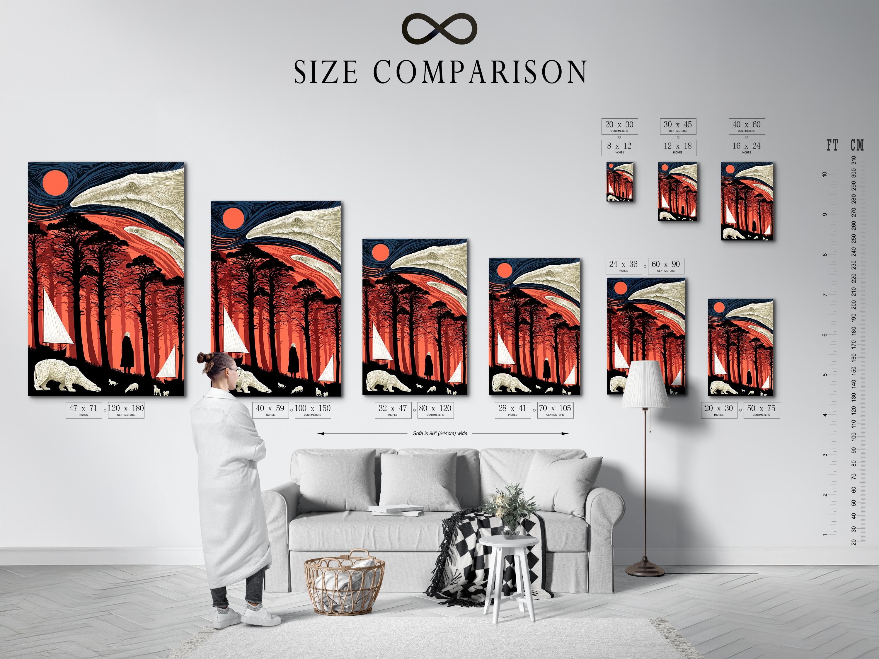 Stylised polar bear scene with a red sun, dark forest silhouettes, pale animals and a sailboat detail view
