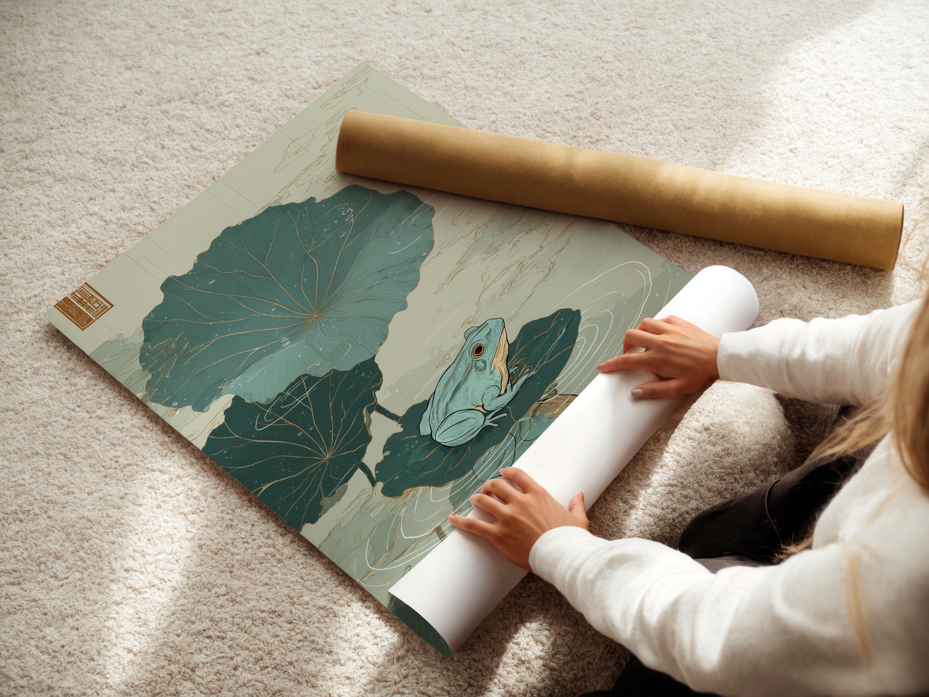 Framed pond illustration with lily pads and two frogs on a wall mockup