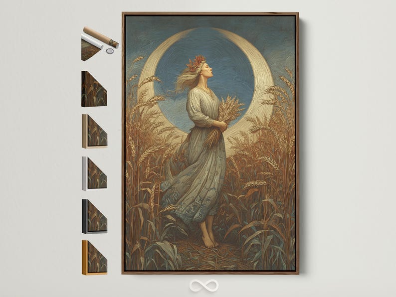 Stylised woman in profile standing in a wheat field with a large moon-like circle behind her
