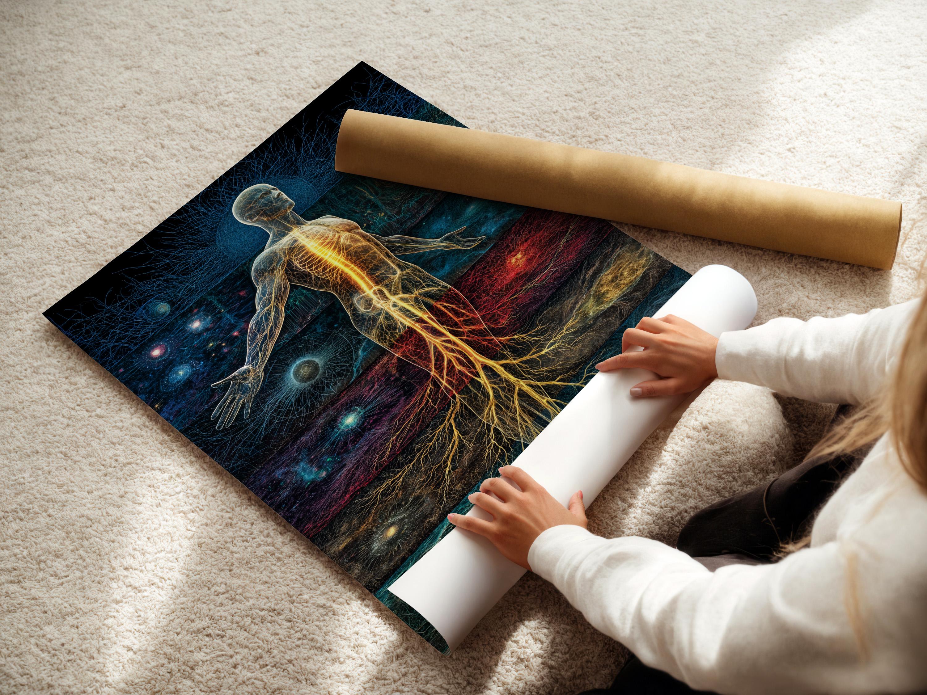 Woman standing beside a framed artwork showing a glowing energy human figure in blue, teal and red