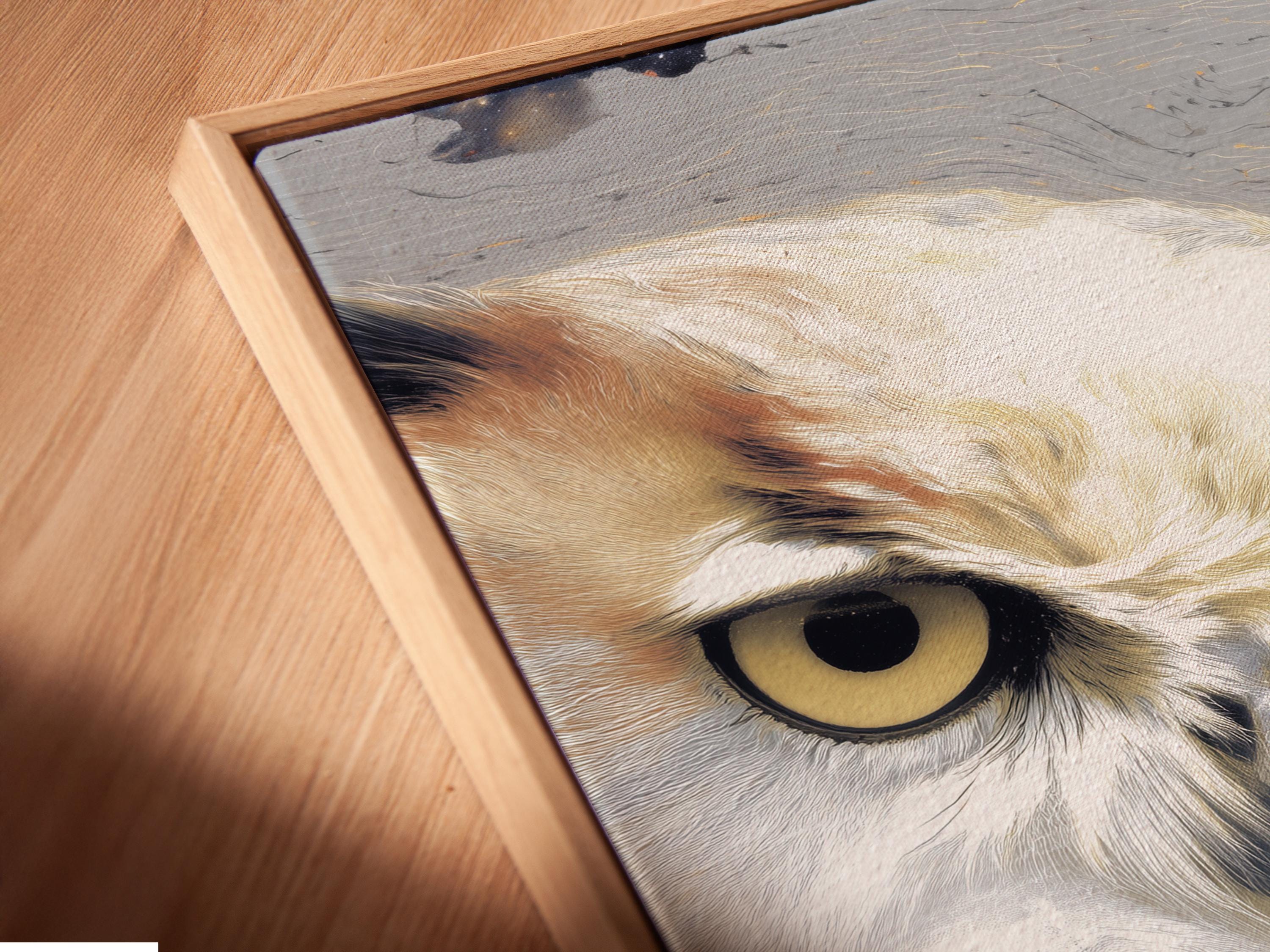 Stylised owl portrait with grey feathers, warm gold eyes, and speckled star-like background detail view