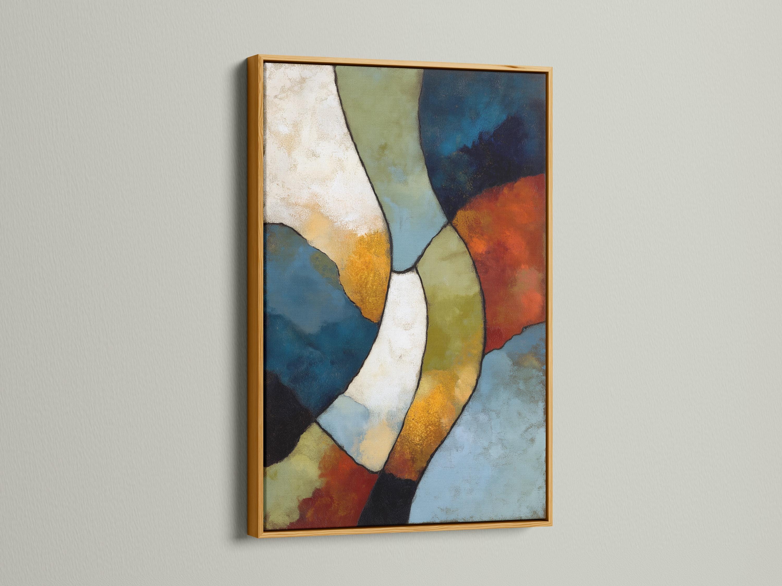 Man sitting on a sofa in a room, with an abstract geometric artwork on the wall