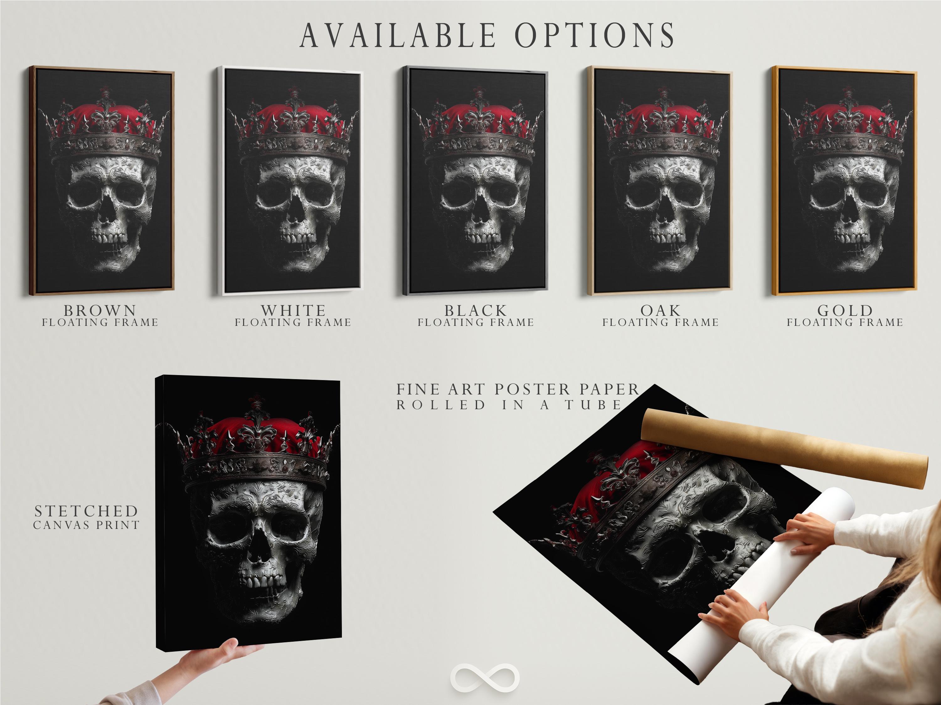 Dark gothic skull wall art mockup with ornate crown and red moon