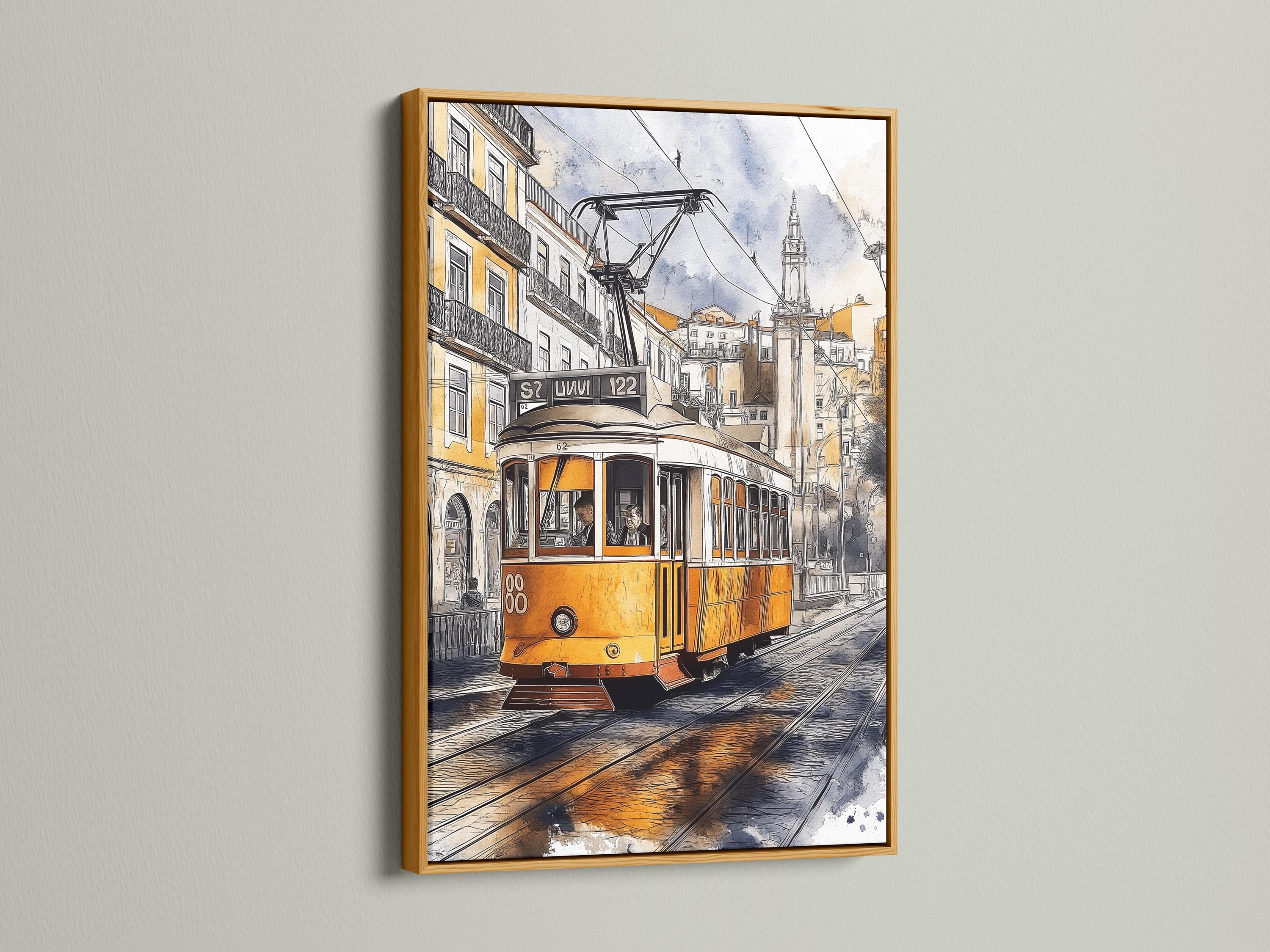 Painterly yellow tram on tracks beside city buildings with overhead cables detail view