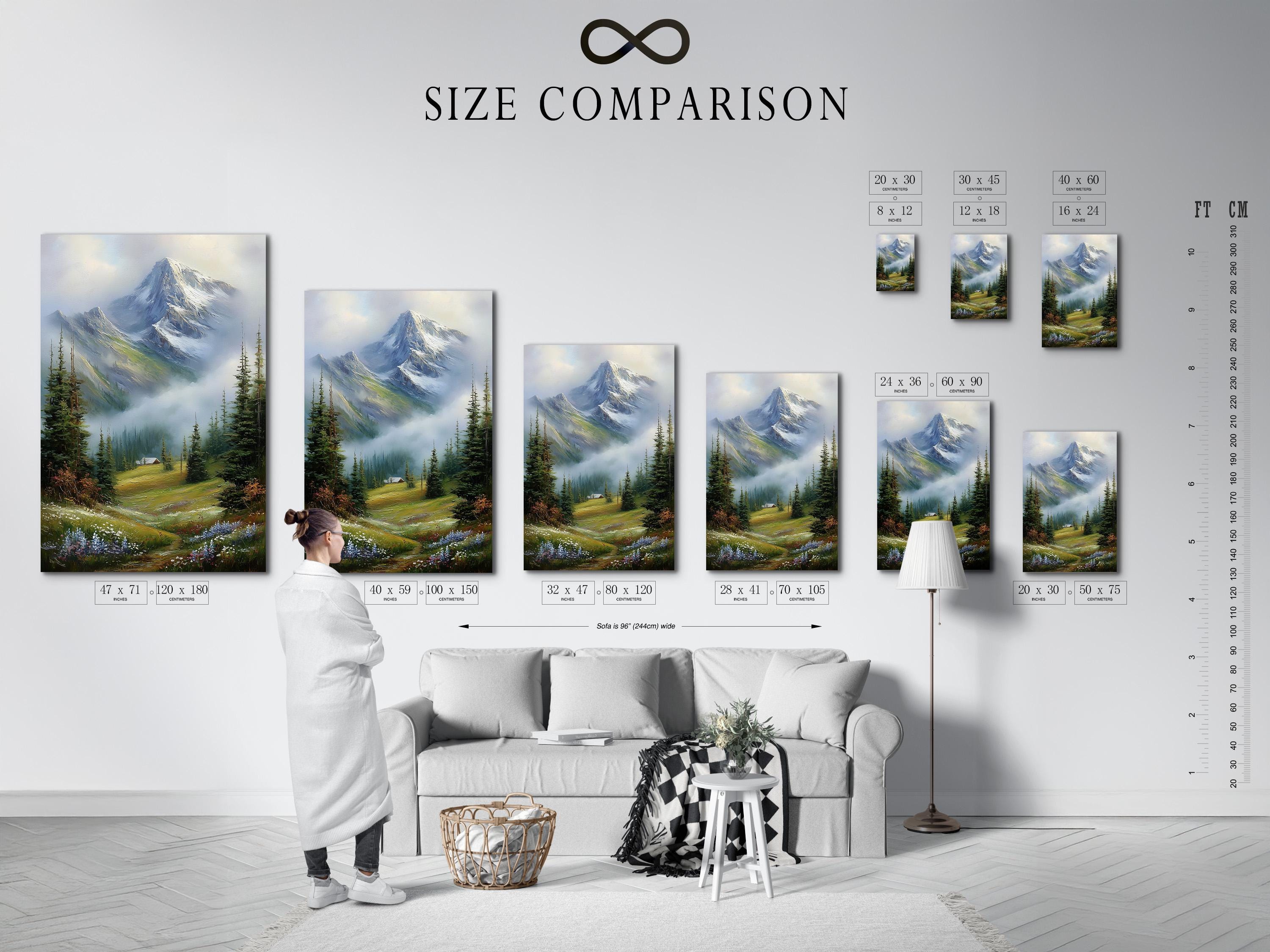 Room mockup showing a framed snowy mountain landscape painting with evergreen trees and a cabin