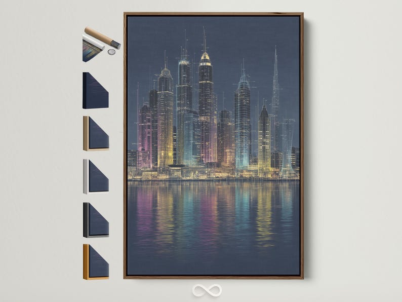 Night city skyline with glowing skyscrapers and reflections on dark water