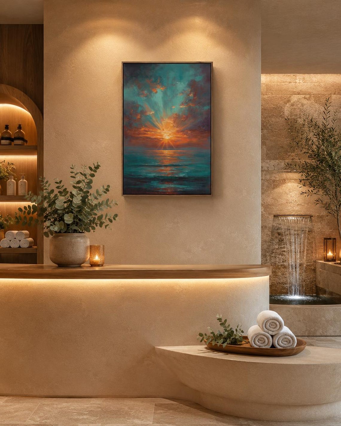 Room mockup with a sofa and a framed teal and copper sunset seascape artwork on the wall