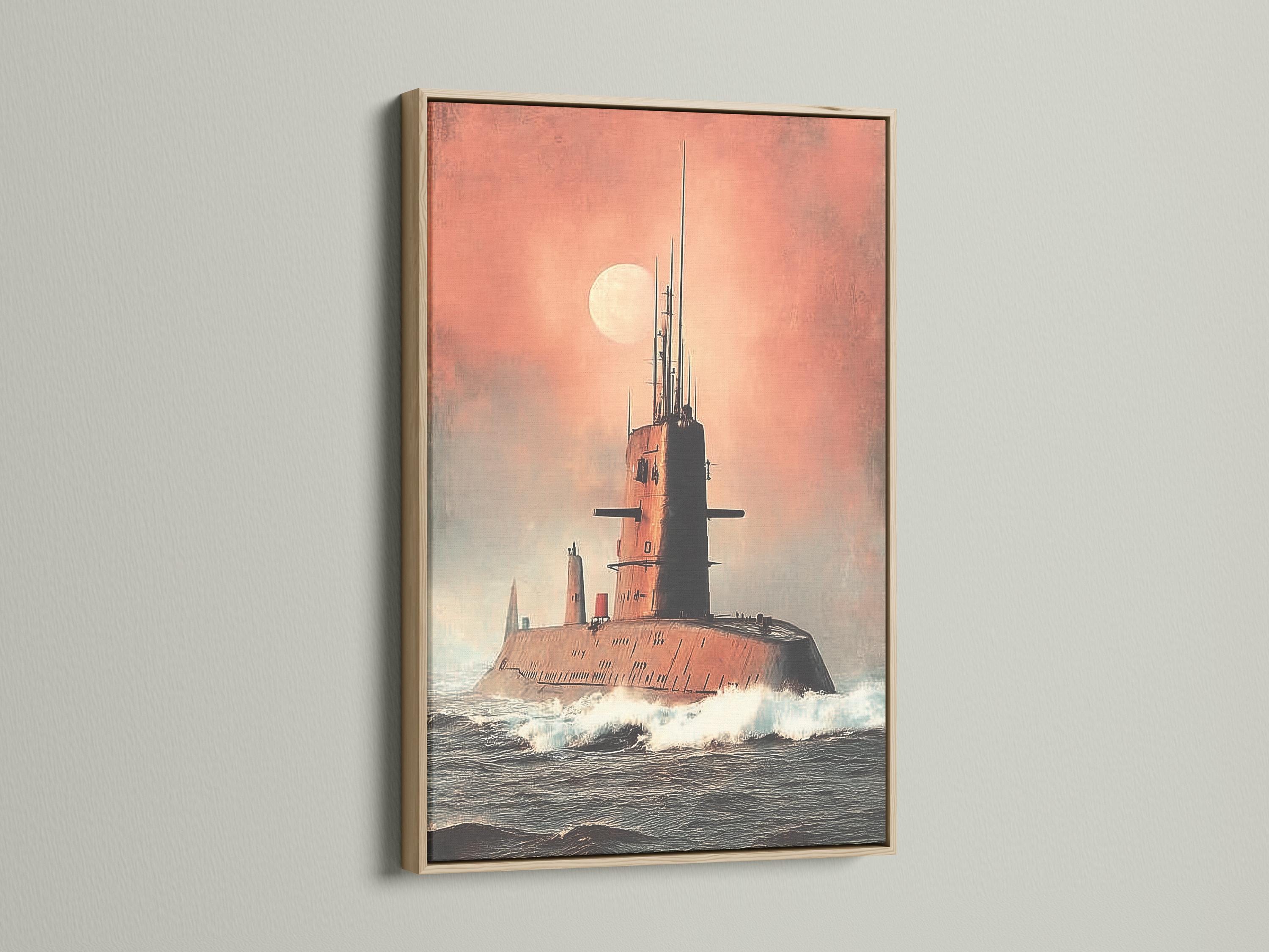 Moonlit submarine on choppy ocean waves under a dusty pink sky detail view