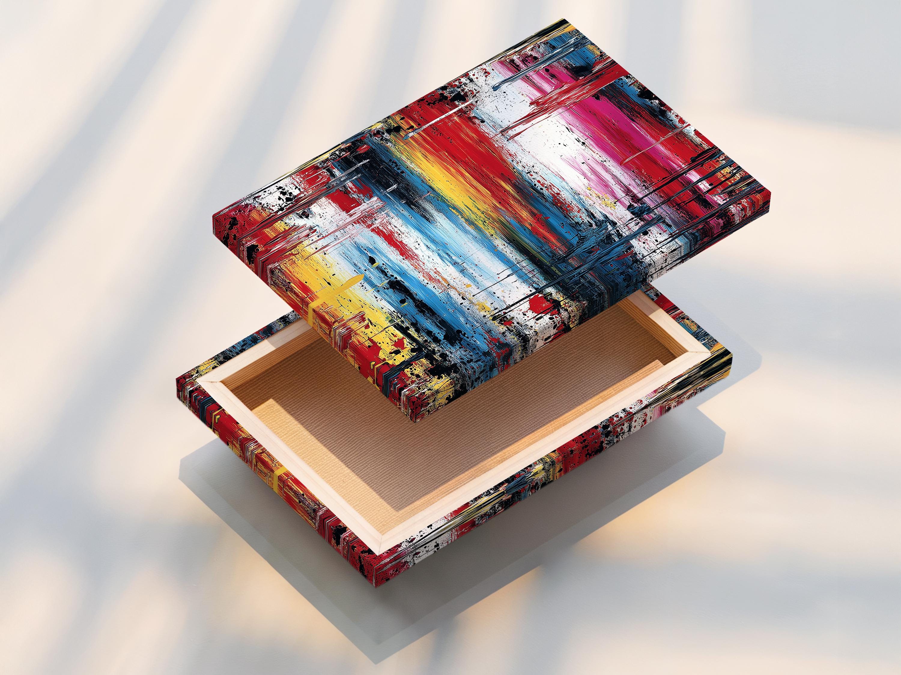 Abstract expressionist painting with red, blue, yellow, white and dark drips detail view
