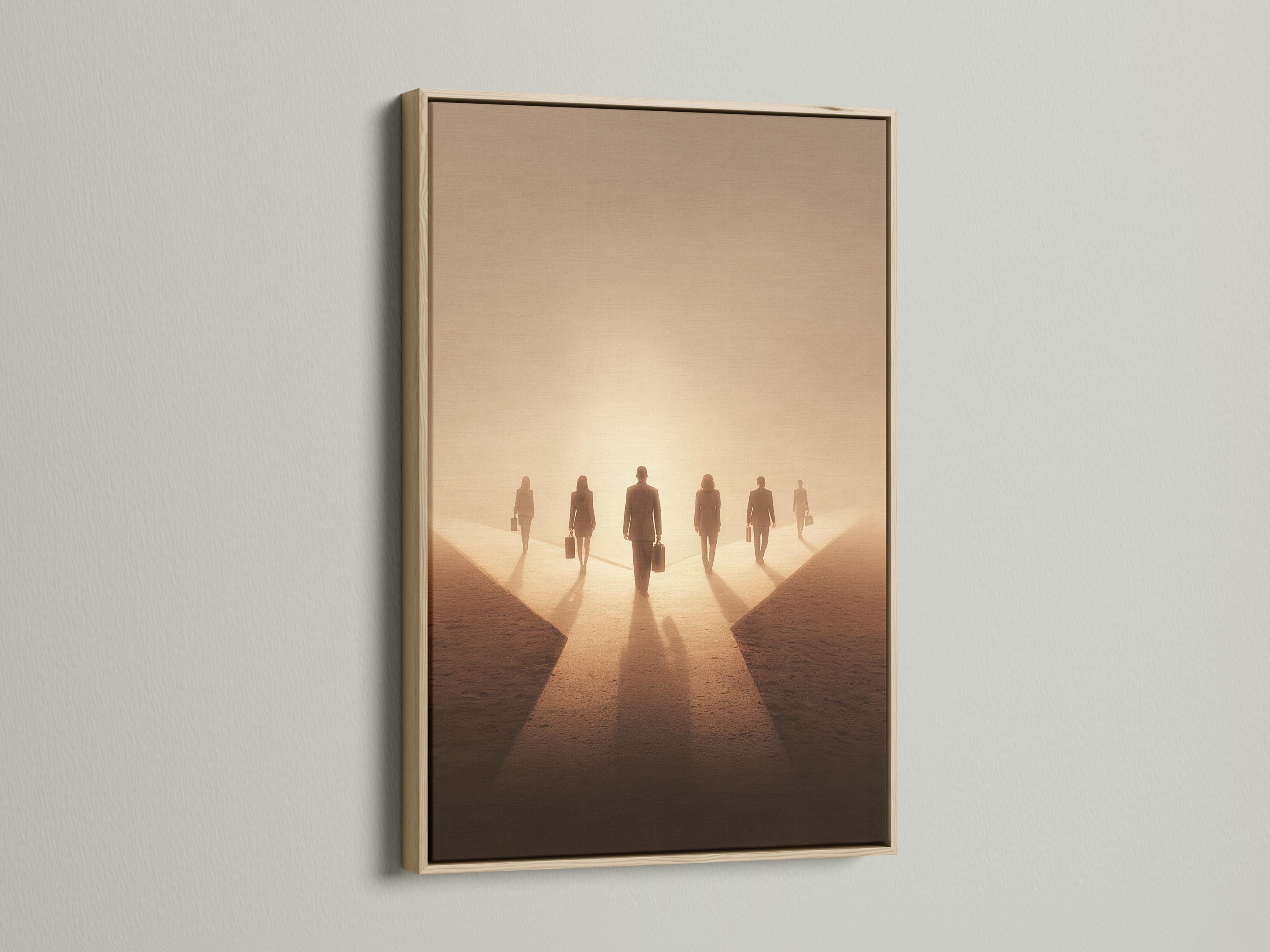 A sepia-toned scene shows a group of business silhouettes walking down a narrowing path with long shadows and a glowing haze detail view