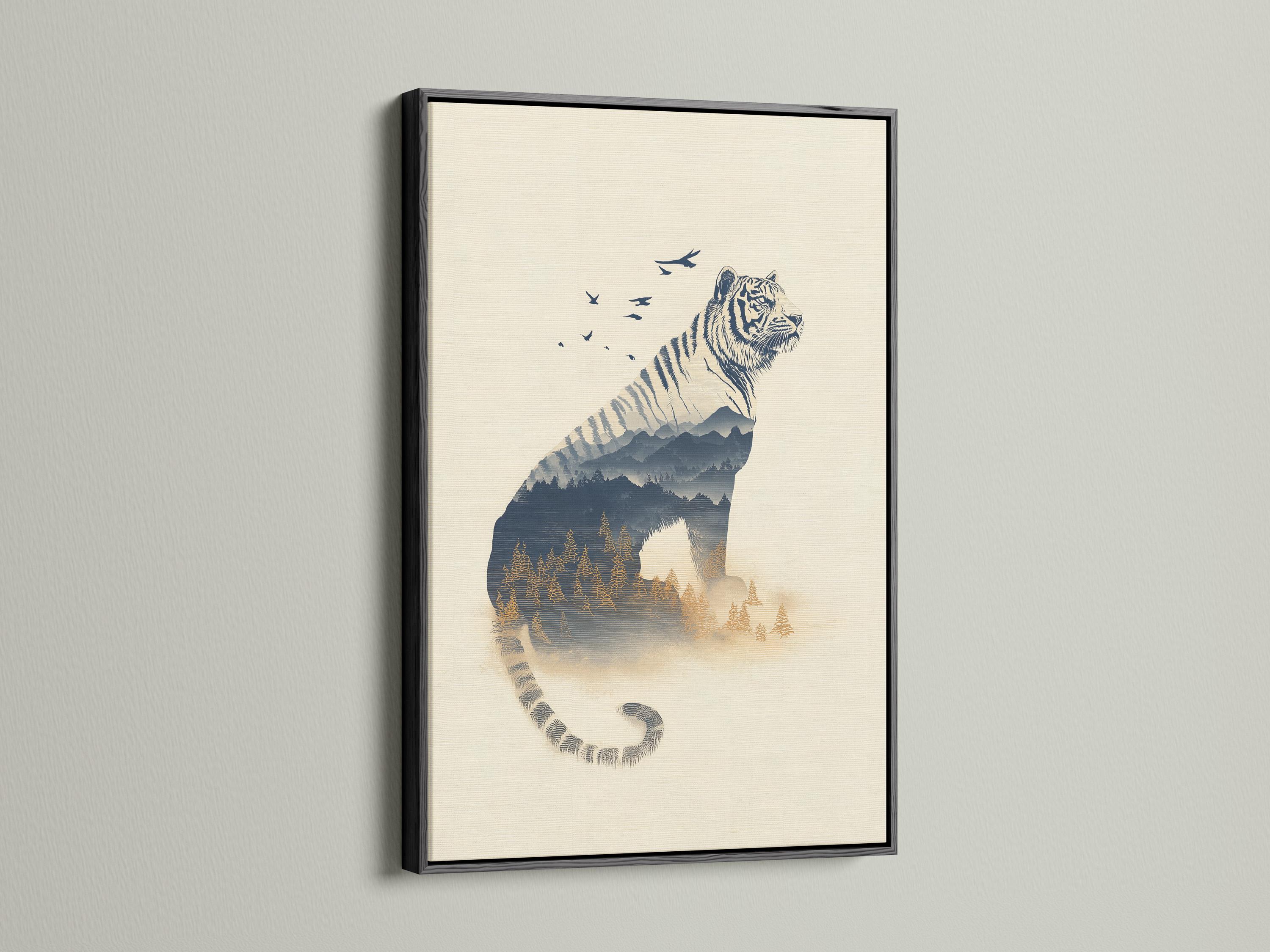 Tiger wall art mockup with double exposure forest layers and birds in flight