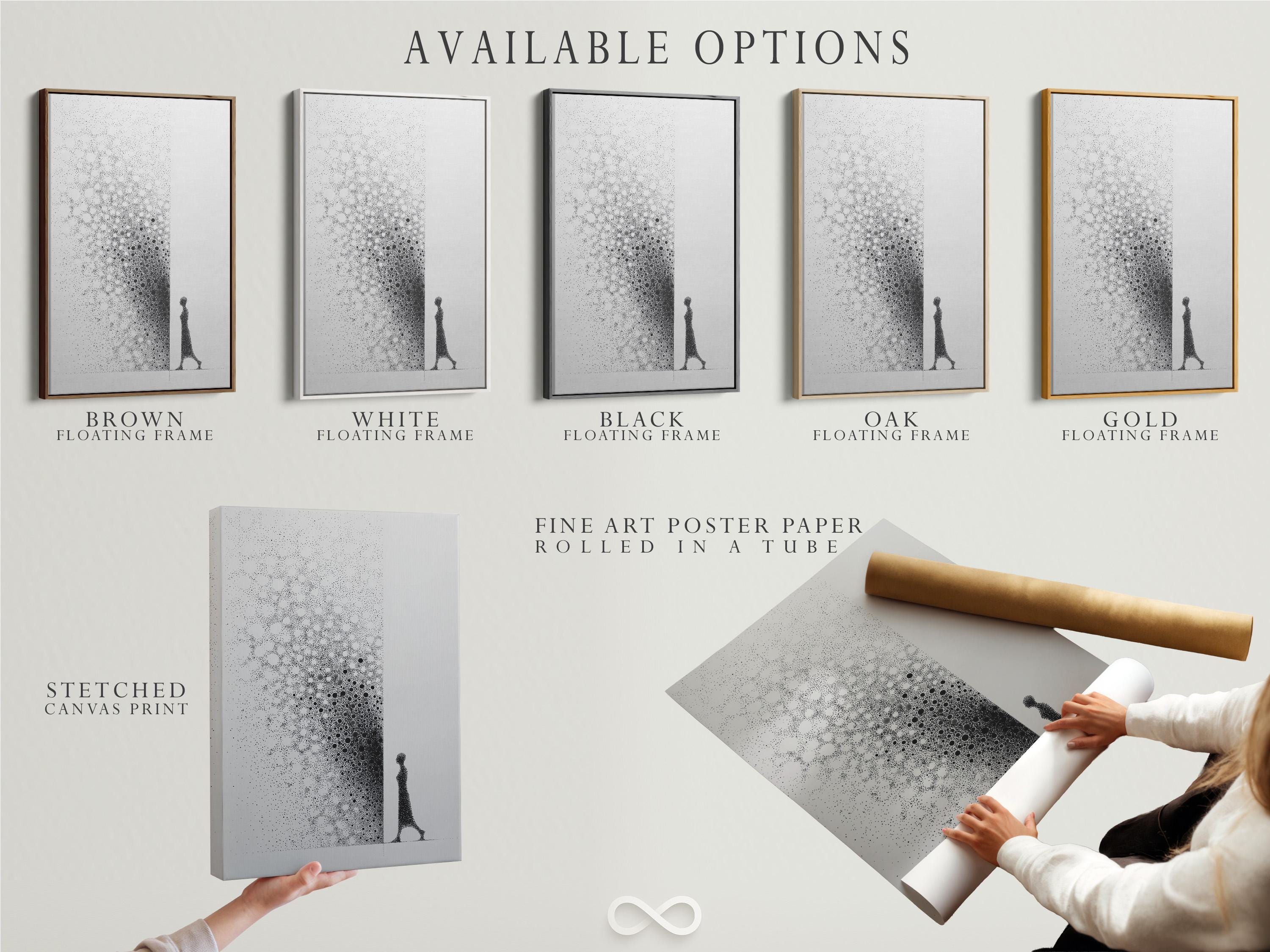 Monochrome abstract artwork with speckled dot clusters and an elongated figure silhouette detail view