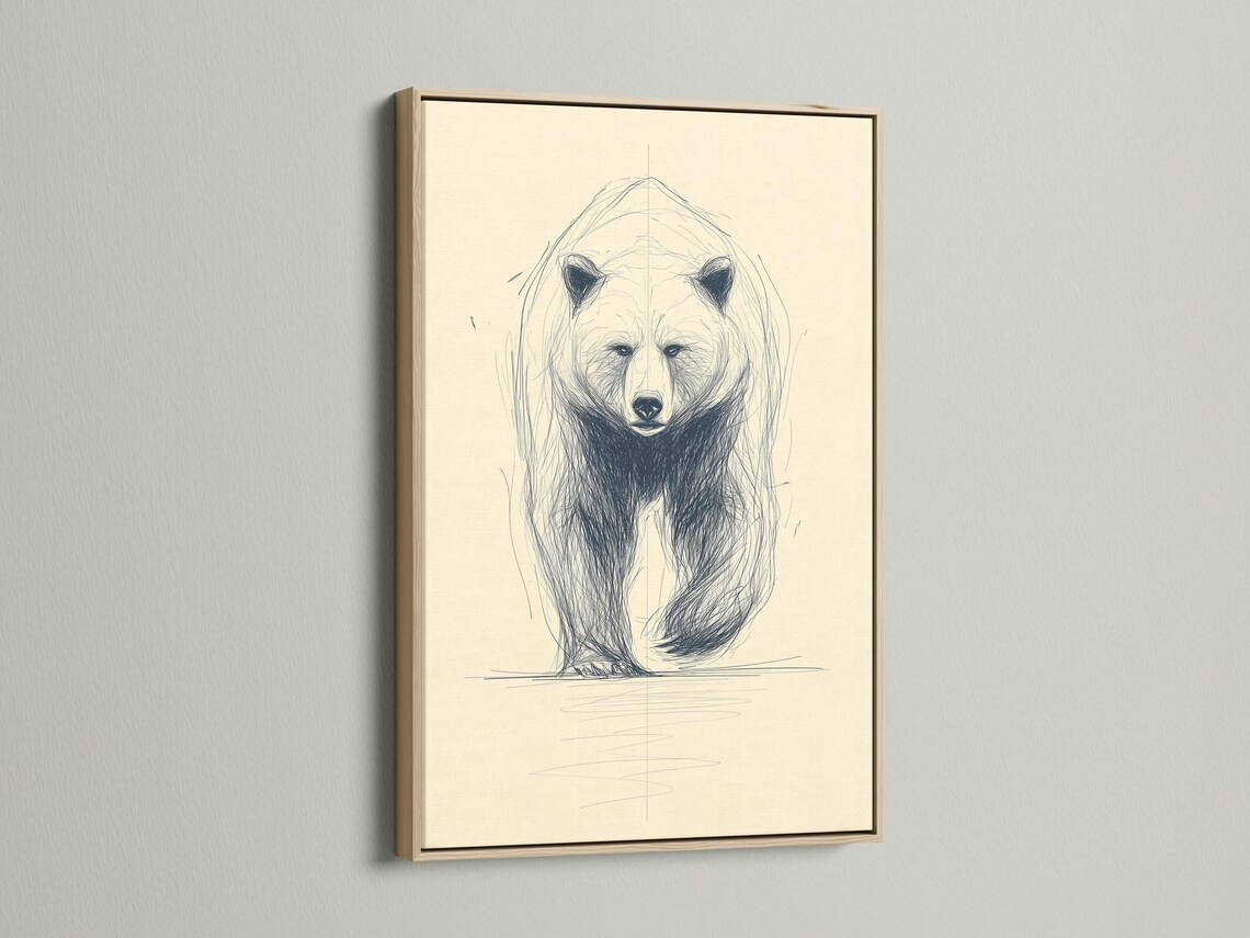 Minimalist sketch of a bear face and upper body with blue-grey lines on a cream background detail view