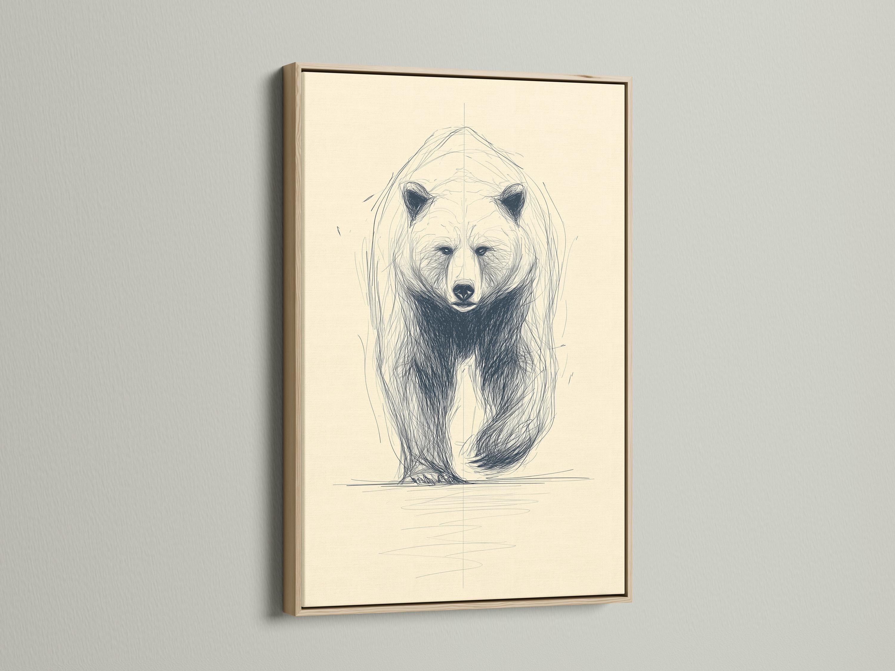 Minimalist sketch of a bear face and upper body with blue-grey lines on a cream background detail view