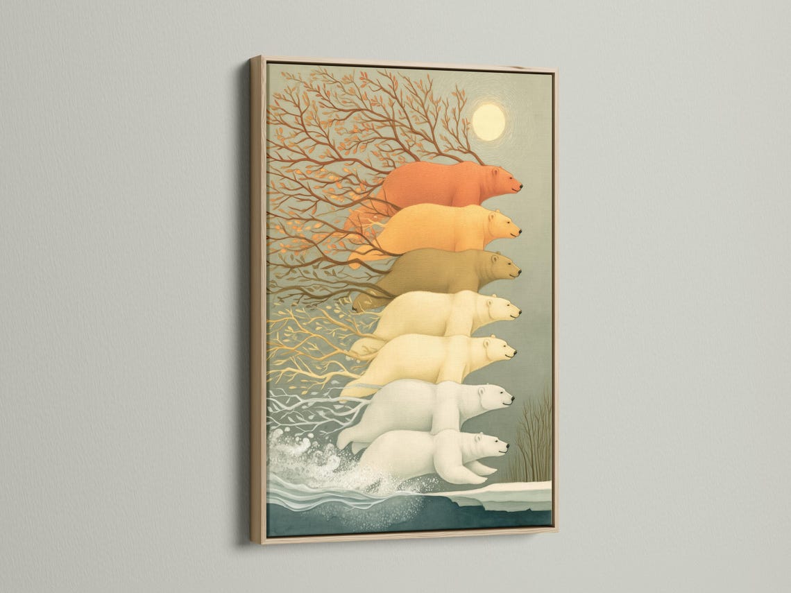 Polar bear family walking through a snowy scene with orange tree foliage and a glowing moon detail view