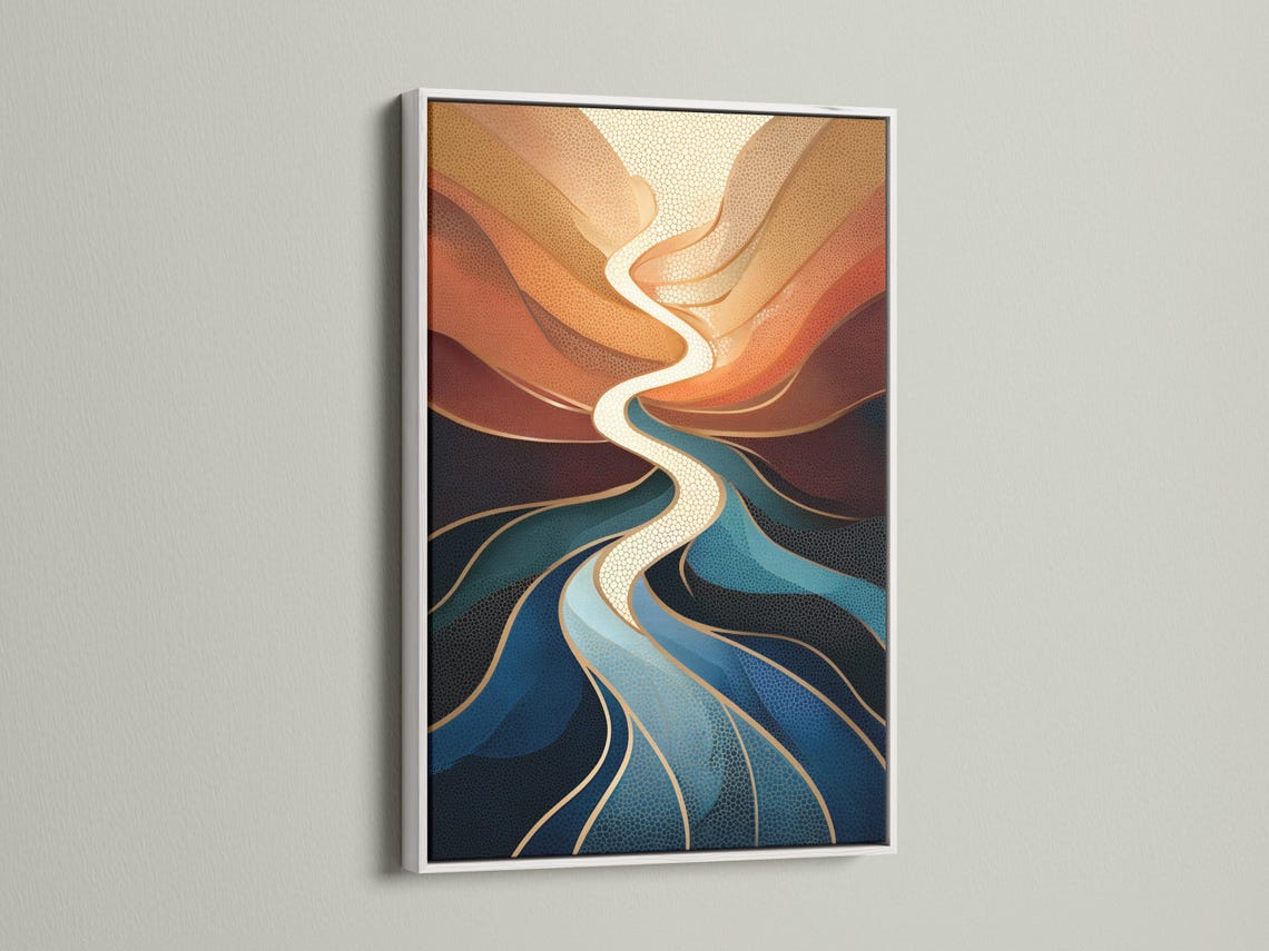Abstract river design with swirling cream lines, terracotta and deep blue textured shapes detail view