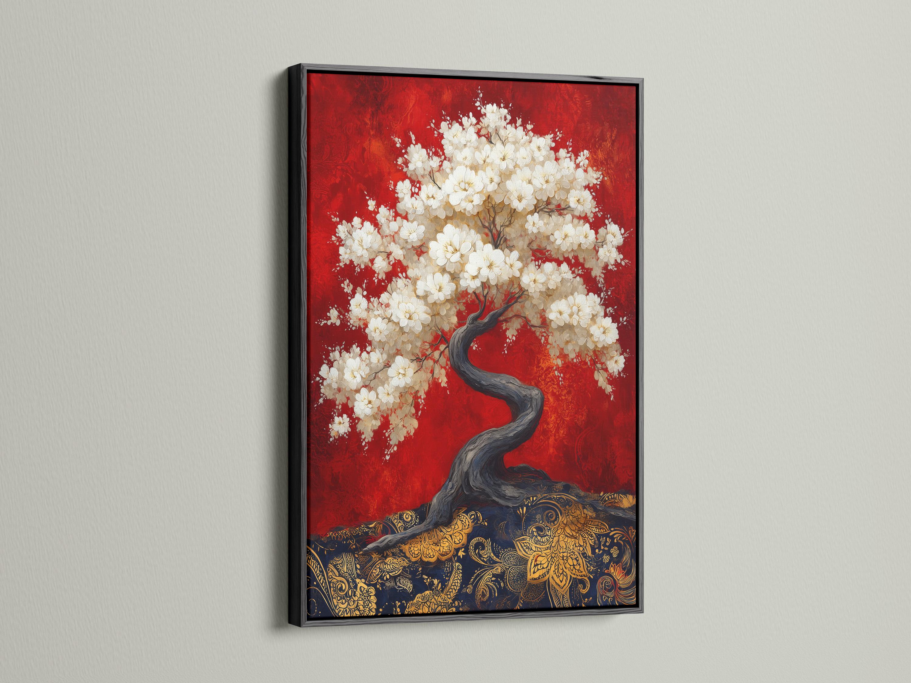 Spa reception scene with a woman seated at a reception desk and a cherry blossom tree artwork on the wall