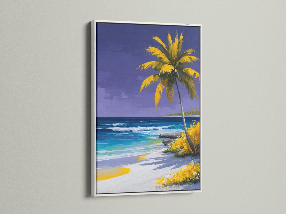Painterly palm tree on a tropical beach with purple-blue sky and turquoise ocean detail view