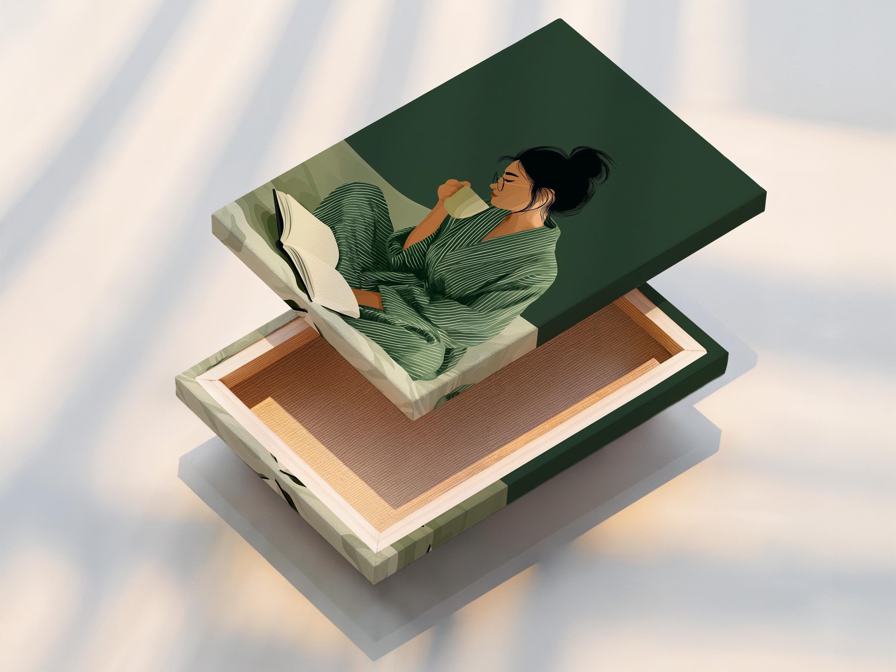 Stylised woman reading an open book with a cup, in muted sage green and cream tones detail view