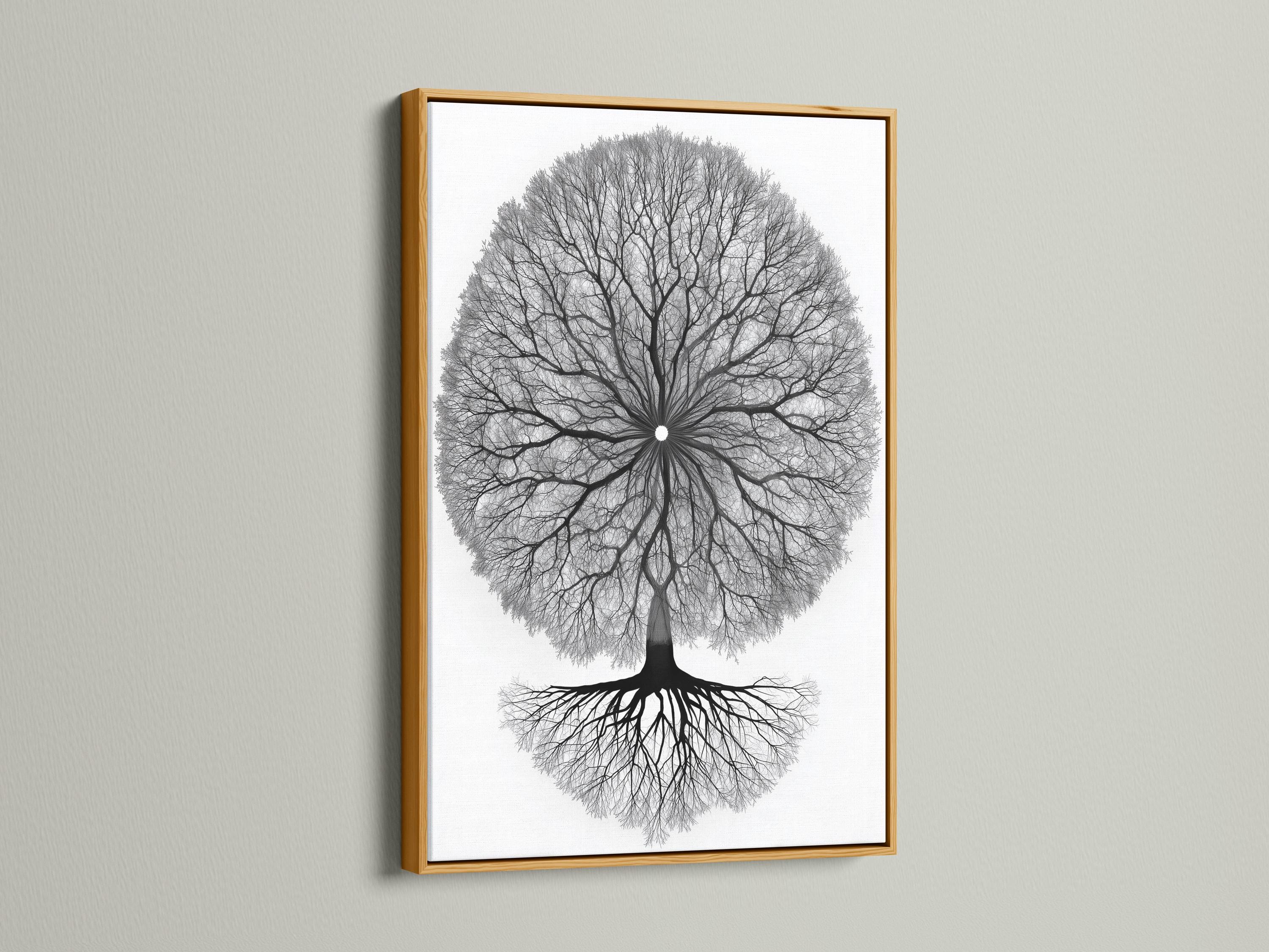 Monochrome tree of life artwork with a circular mandala-like canopy of branches and roots detail view