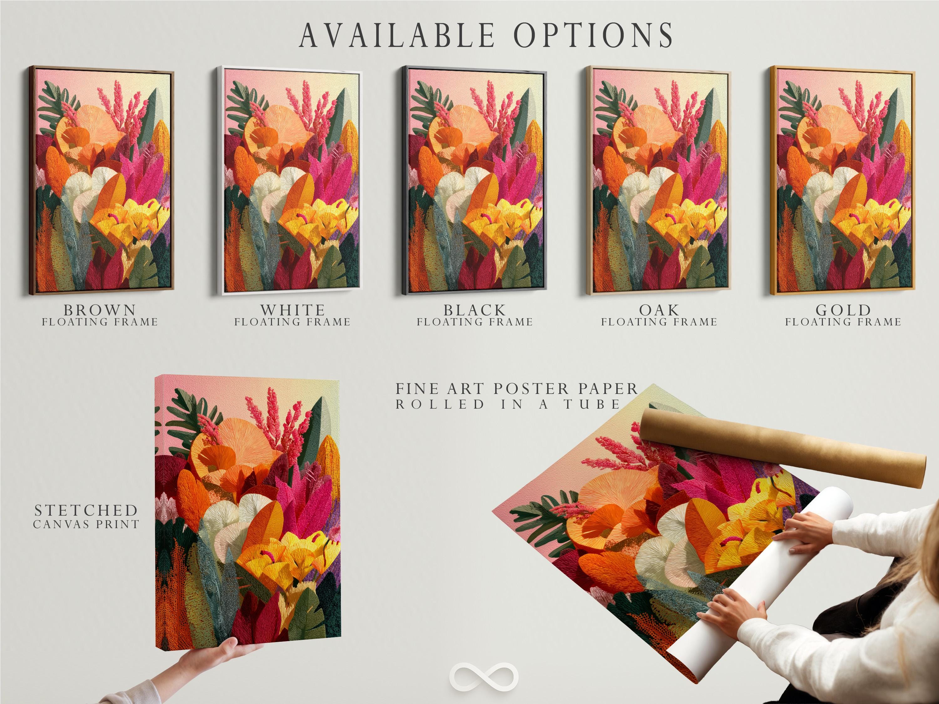 Colourful floral botanical artwork with orange and yellow blossoms, pink flowering spikes and green leaves detail view