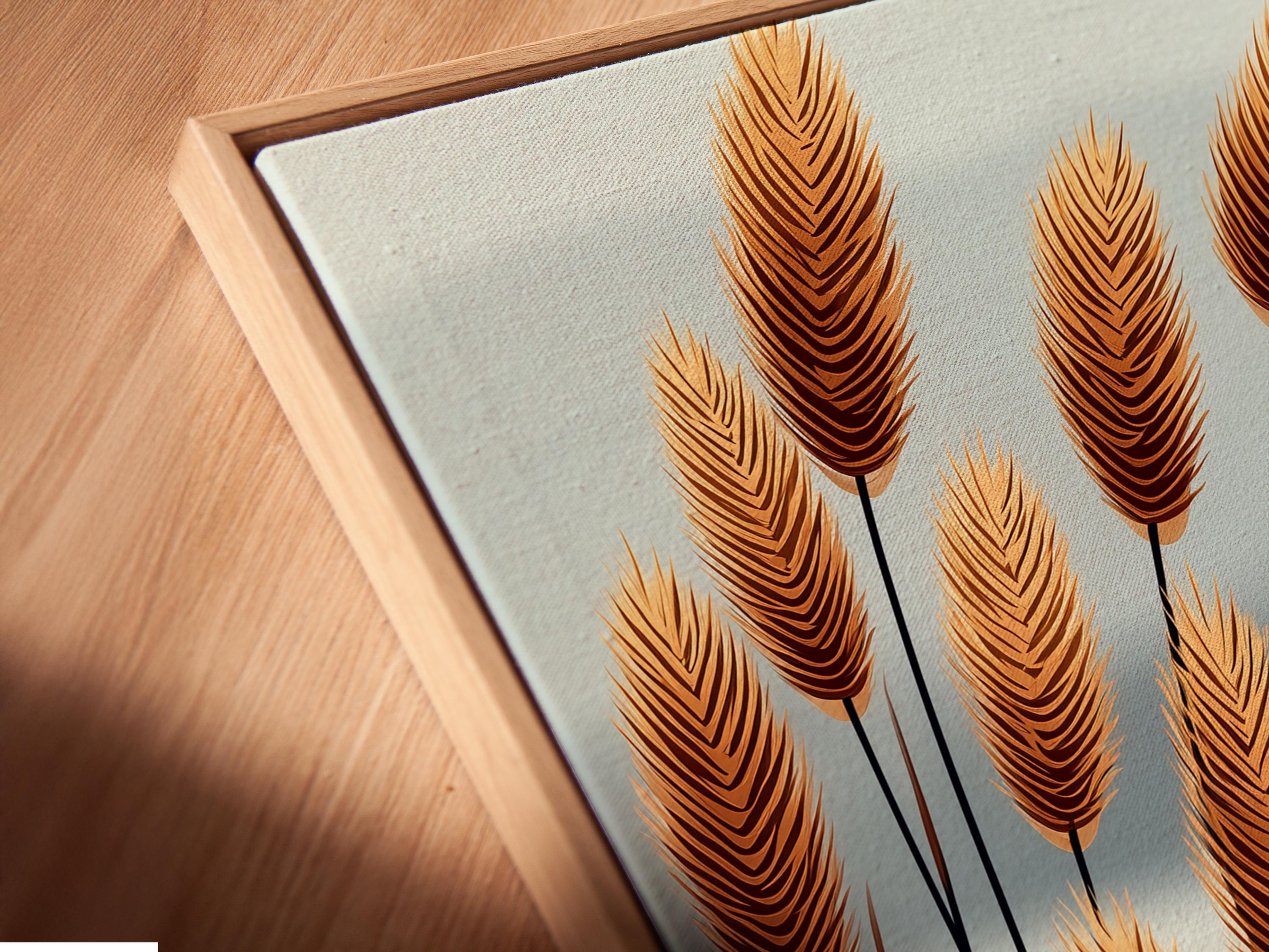 A decorative scene of tall golden wheat plumes with dark stems rises against a pale blue sky-like background with soft horizon shading detail view