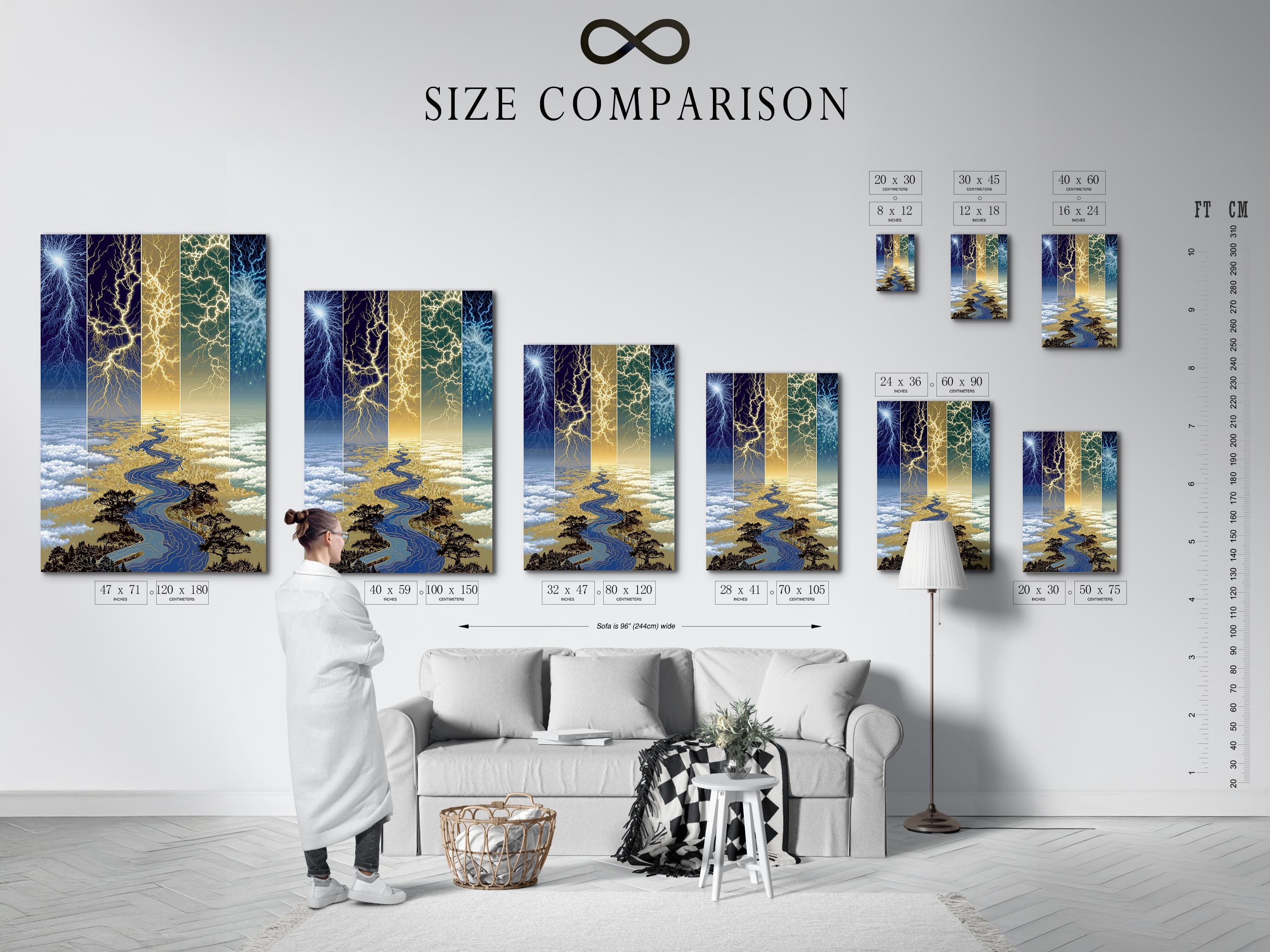 Blue and gold lightning river landscape with branching lightning bolts detail view