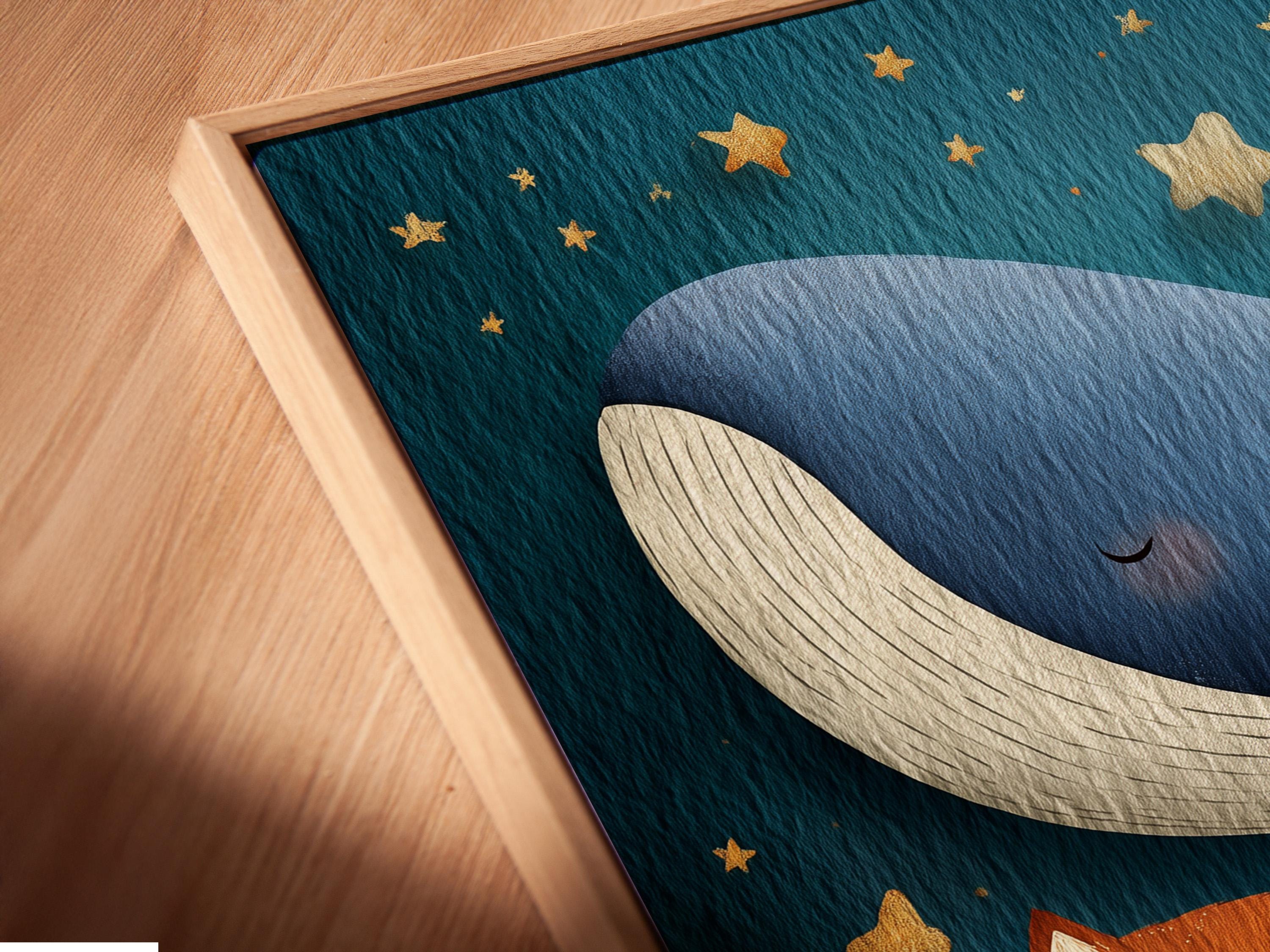 Navy blue animal illustration featuring a large whale, owl-like character, and starry gold accents detail view