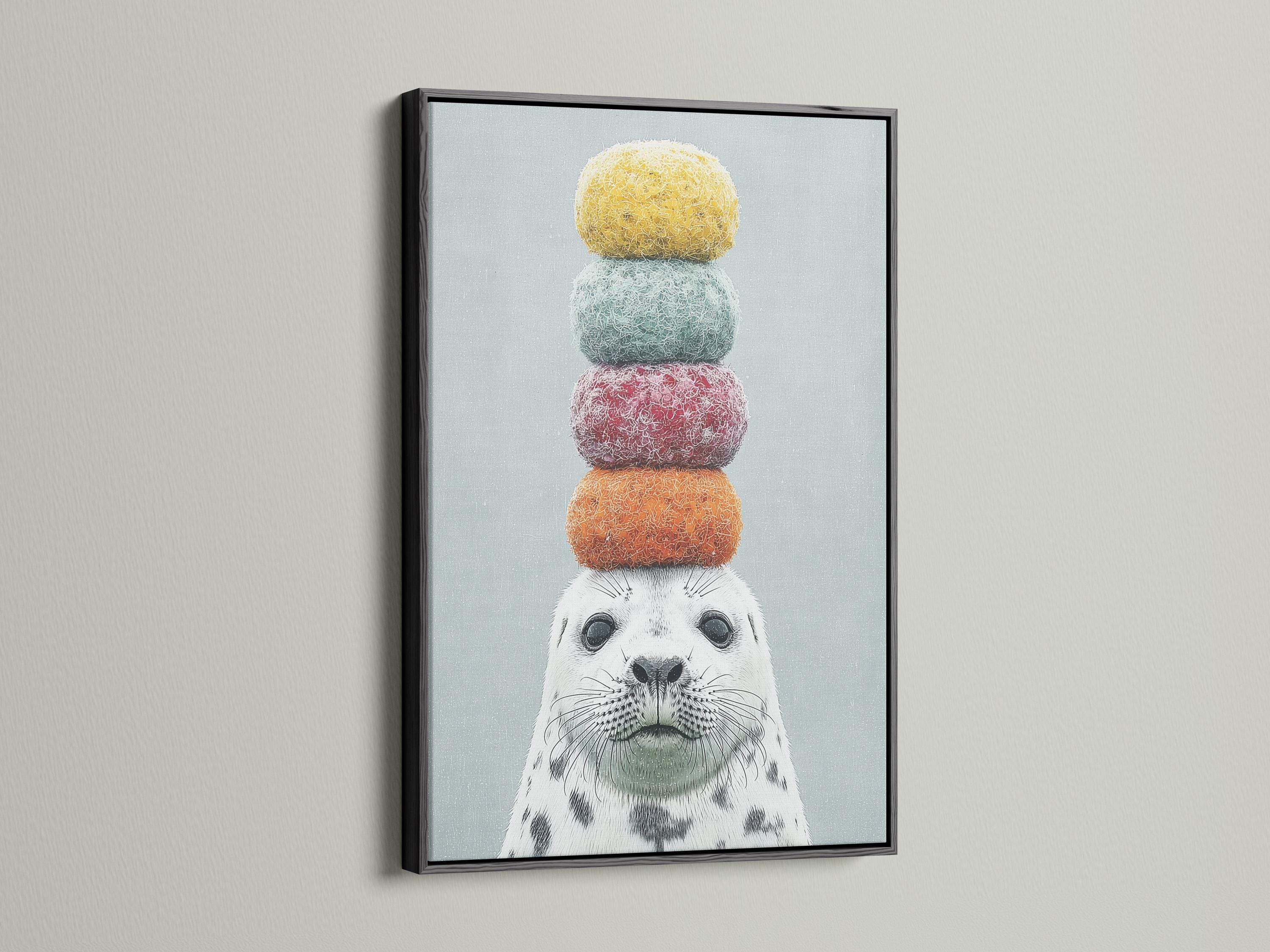 Seal wall art mockup with stacked pastel pom-pom balls