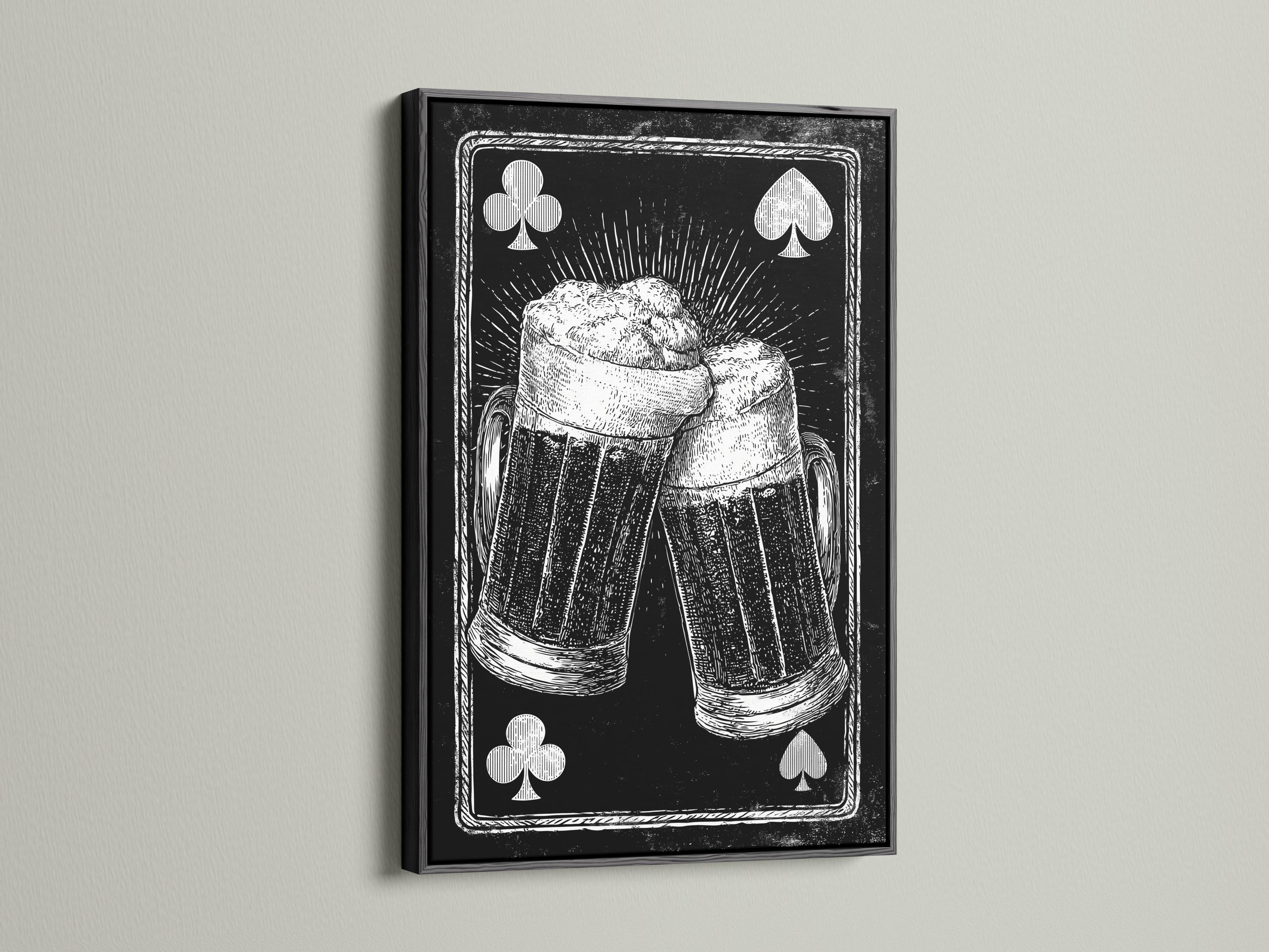Monochrome illustration of two beer tankards with club and spade card symbols detail view