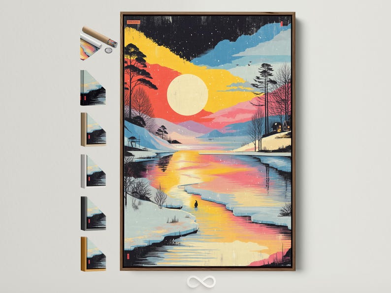 Sunlit winter lake landscape with snowy trees and glowing sun over frozen water